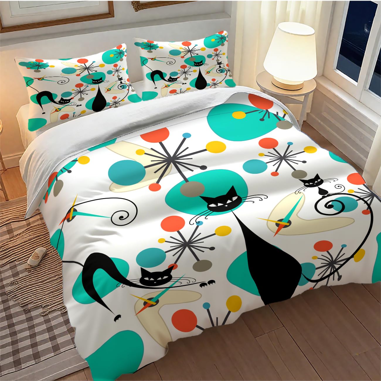 Lnepty Mid Century Cat Bedding Set,Retro Black Cat Atomic Diamond Star Abstract Geometric Minimalist Simple Modern Comforter Set with Pillowcase for Bedroom Bed Decor，Twin 86"x70"