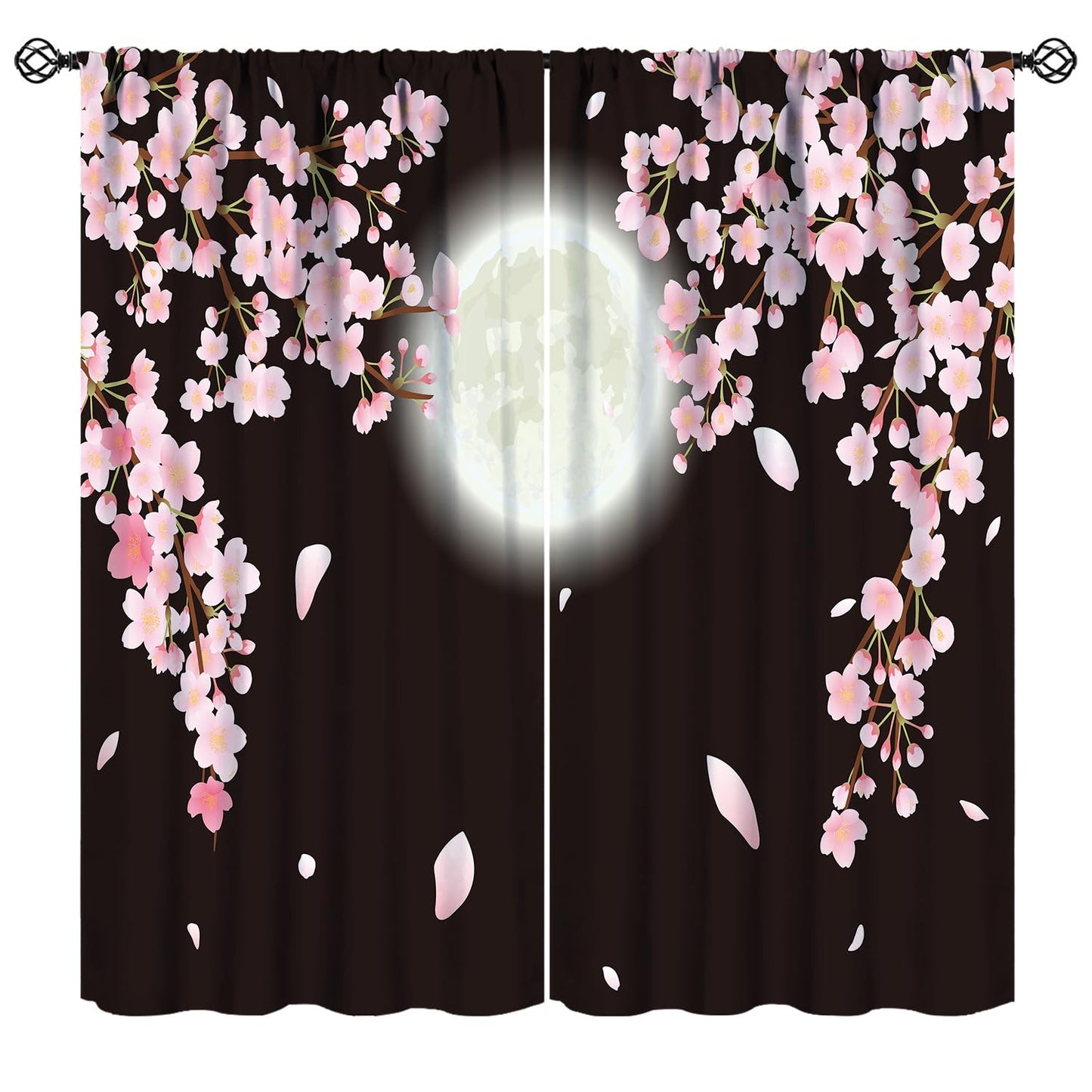 Cherry Blossom Window Curtains,Japanese Full Moon Summer Fantasy Sky Blackout Drapes,Romantic Night Pink Cherry Blossom Floral Nature Scenery Curtains for Living Room Bedroom Cafe 42x45 Inch