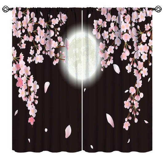 Cherry Blossom Window Curtains,Japanese Full Moon Summer Fantasy Sky Blackout Drapes,Romantic Night Pink Cherry Blossom Floral Nature Scenery Curtains for Living Room Bedroom Cafe 42x45 Inch