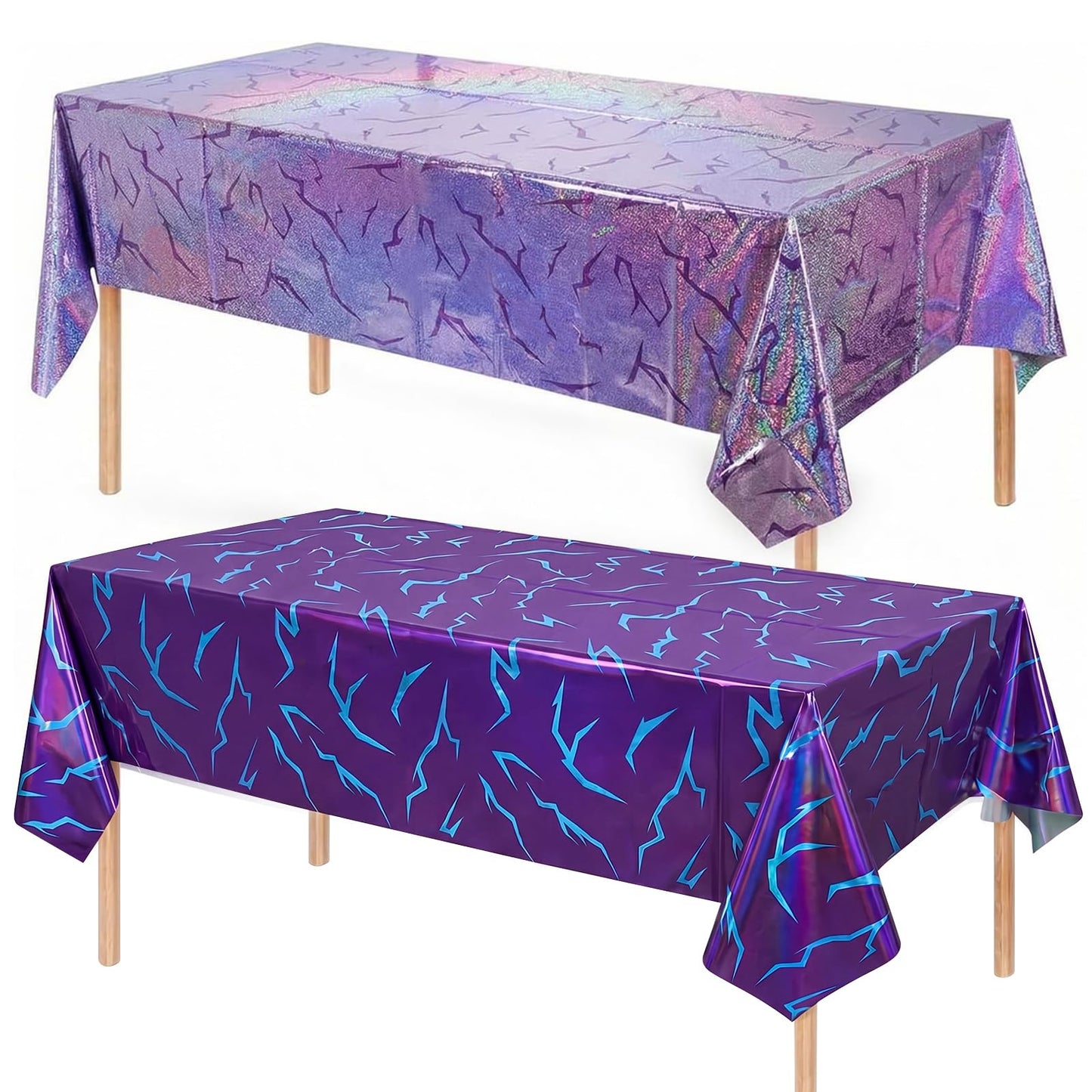 2 Pack K-Style Purple Birthday Decorations, 54x108 Inch Iridescent Holographic Laser Tablecloth Purple Lightning Pattern Disposable Waterproof Plastic Table Covers for Kids Girl Disco Halloween Party