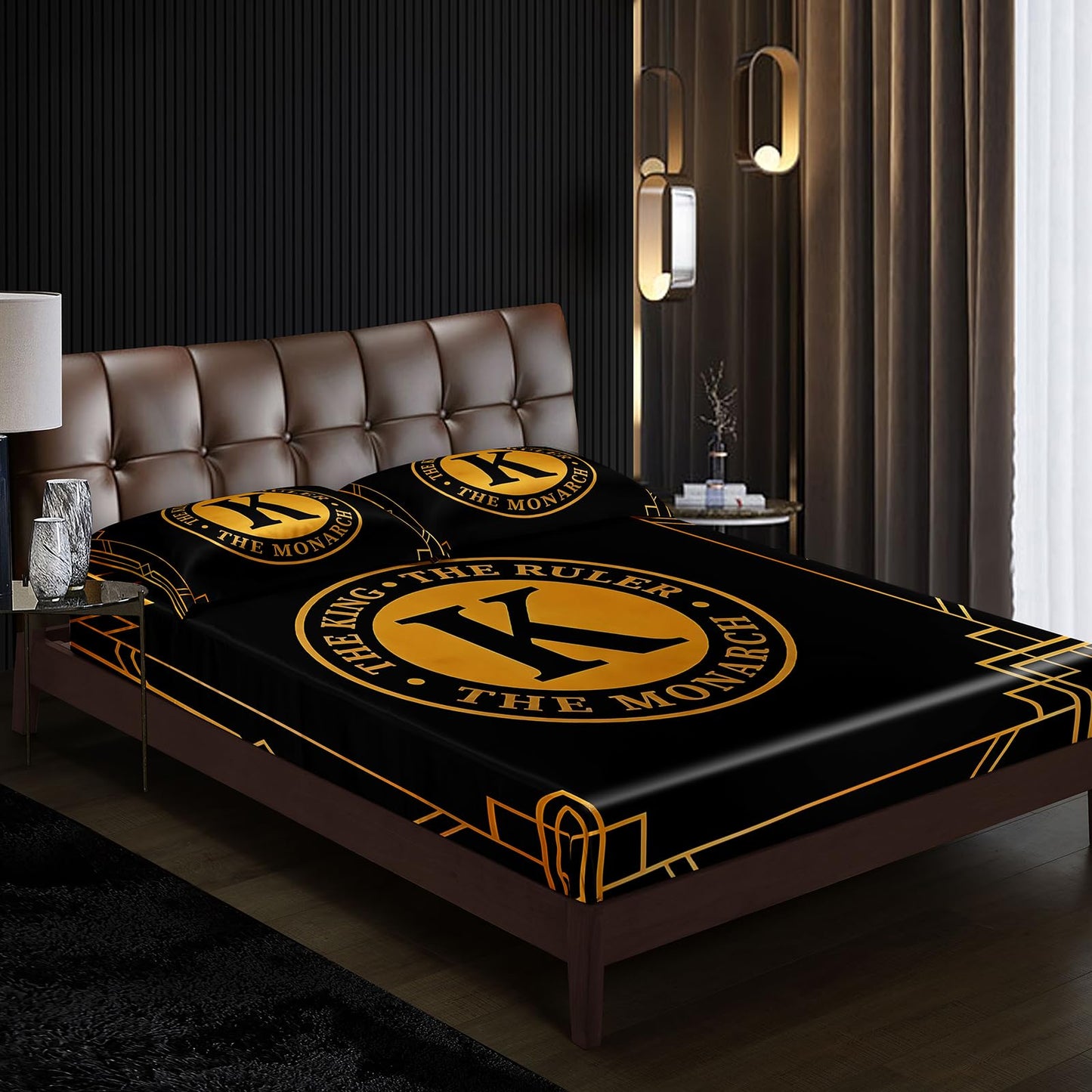 AILONEN King Ruler Monarch Fitted Sheet Set Full,Black Gold Art Bedding for Boys Men,3 Piece Luxury Geometric Bedroom Decor with 2 Pillowcases,16" Deep Pocket