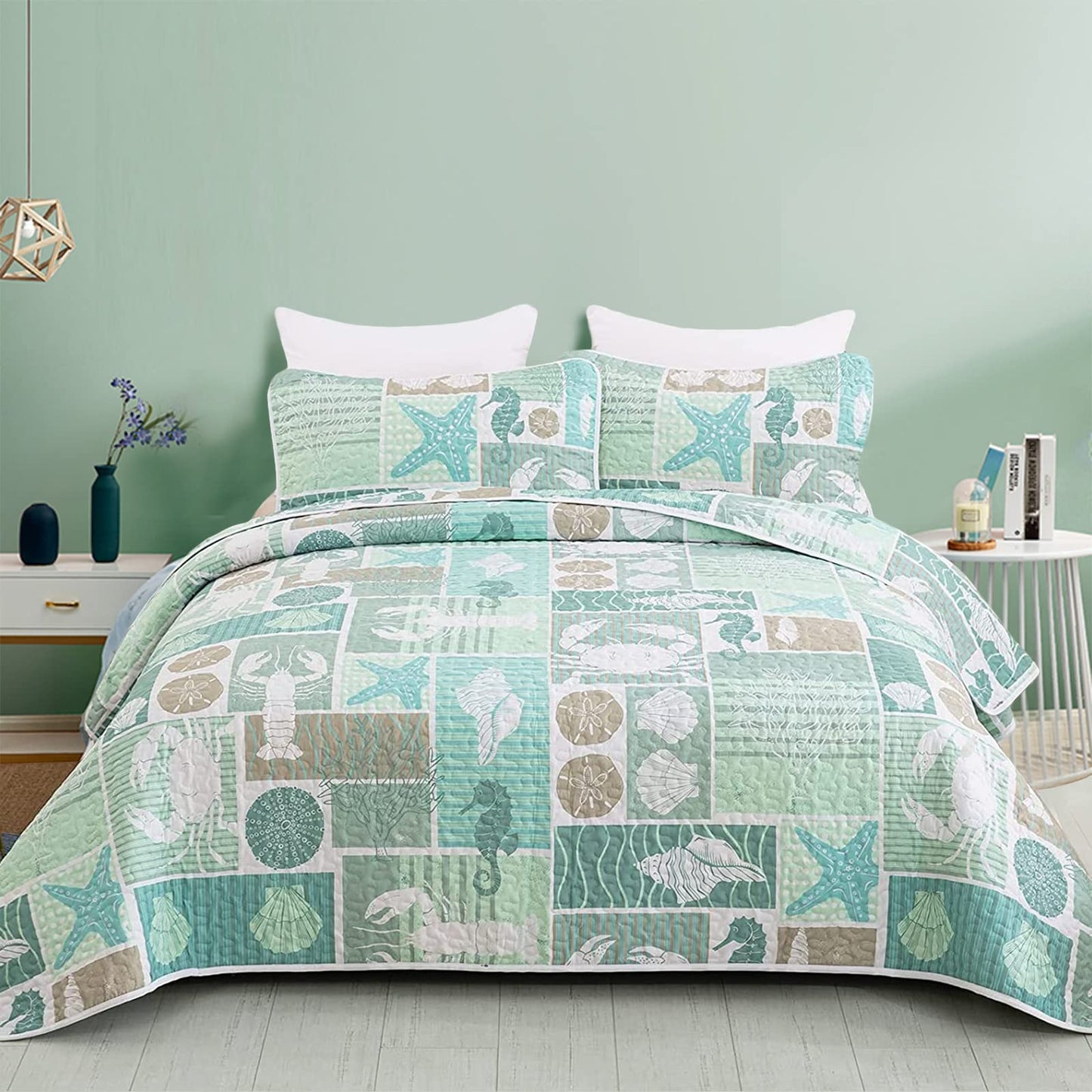 DJY Green Quilt Set Queen Coastal Beach Theme Quilt Coverlet Set Soft Microfiber Reversible Bedspread with 2 Pillow Sham 3 Pieces Coastal Bedding Quilt for All Season 90"x96"