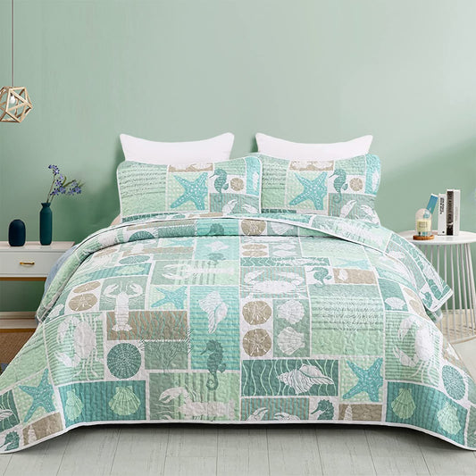 DJY Green Quilt Set Queen Coastal Beach Theme Quilt Coverlet Set Soft Microfiber Reversible Bedspread with 2 Pillow Sham 3 Pieces Coastal Bedding Quilt for All Season 90"x96"