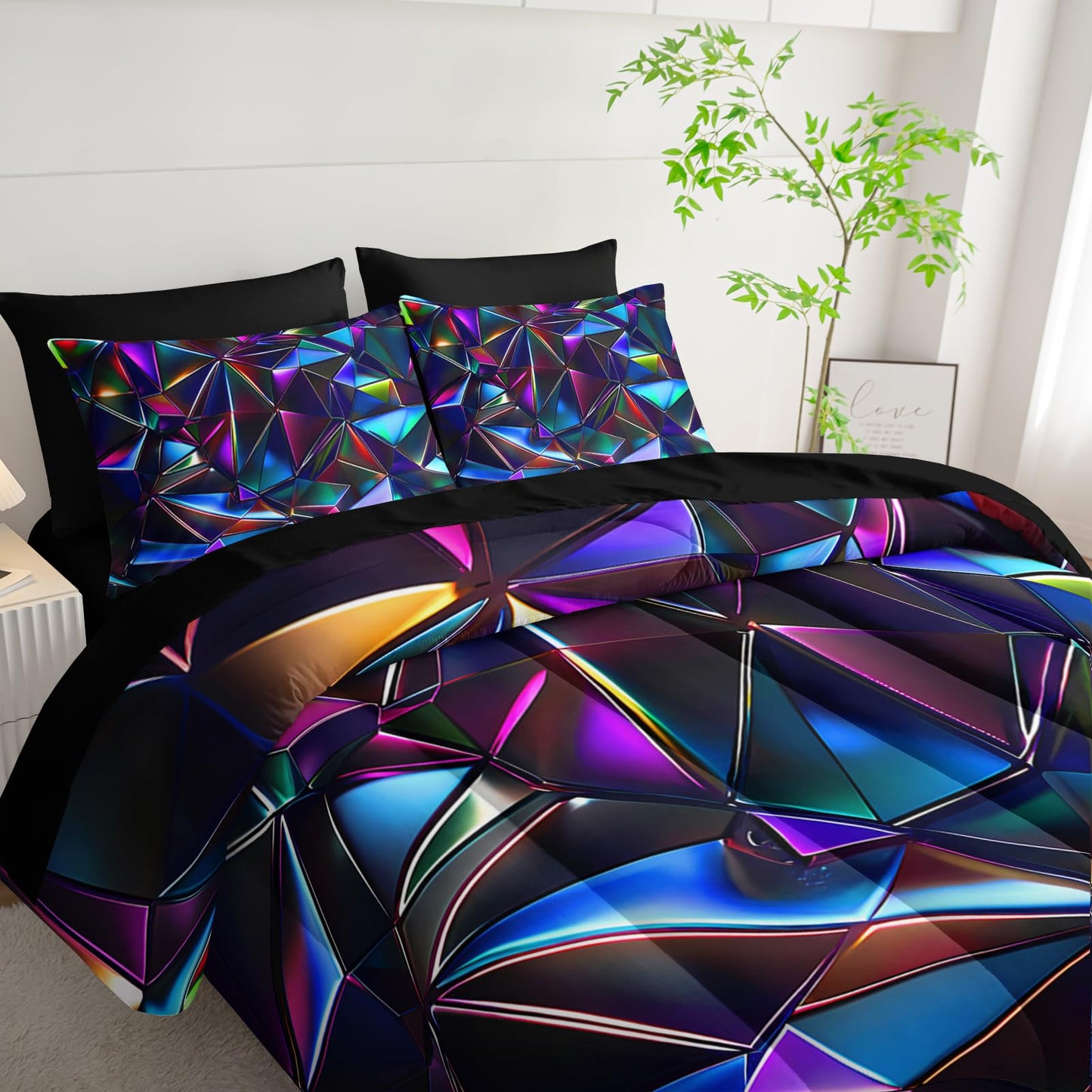 lneffble 7 Piece Purple Geometric Abstract Pattern Comforter Set King Size，Abstract Diamond Print Bedding King，(1 Comforter, 1 Flat Sheet, 1 Fitted Sheet, 2 Pillowcase and 2 Pillow Sham)