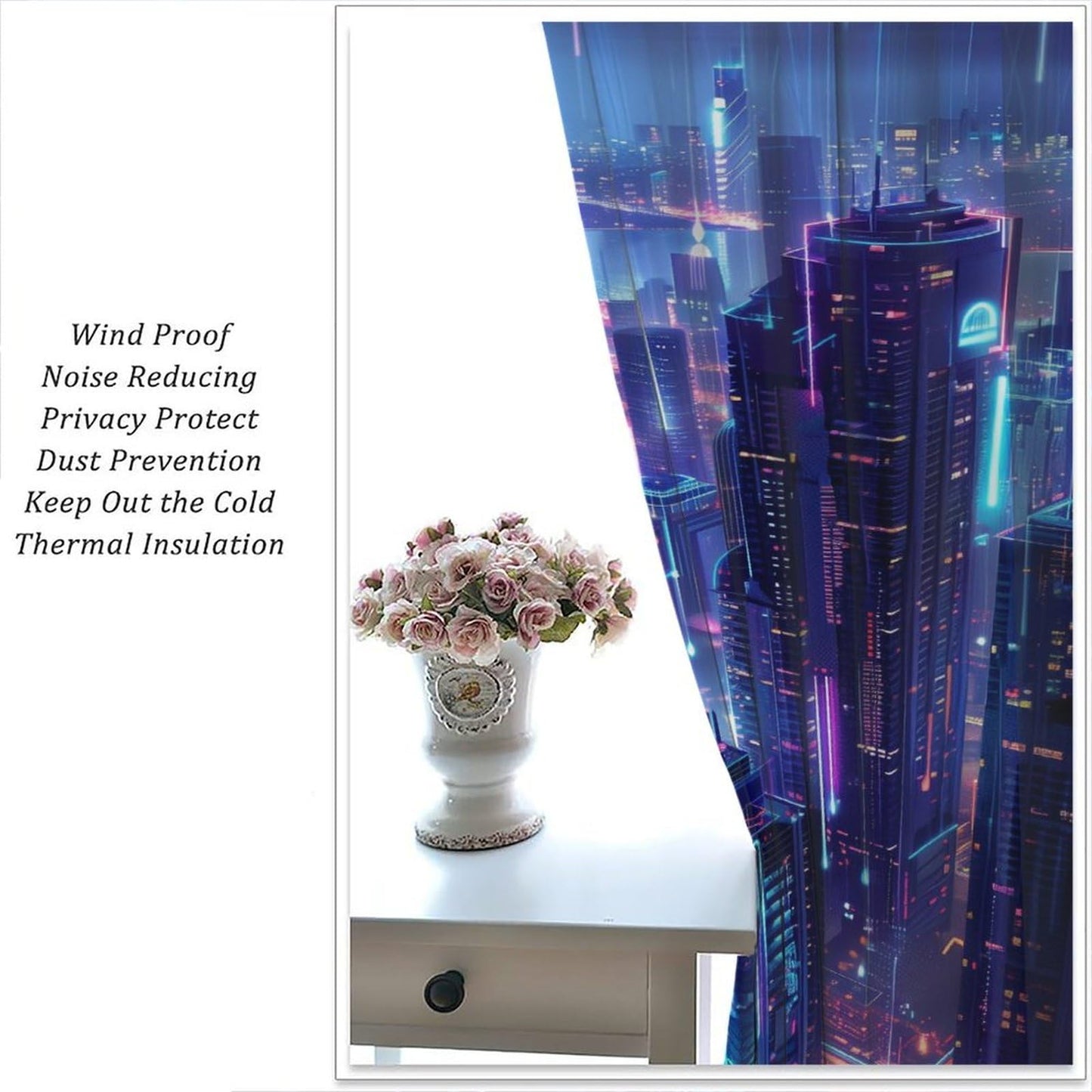 VUMIVI Gaming Curtains Cyberpunk Futuristic City Rain Skyscrapers Blue-Toned Fantasy Landscape Rod Pocket Window Treatments for Boys Girls Gaming Bedroom Sci-Fi Tech Expo 42" W X 44.5" L
