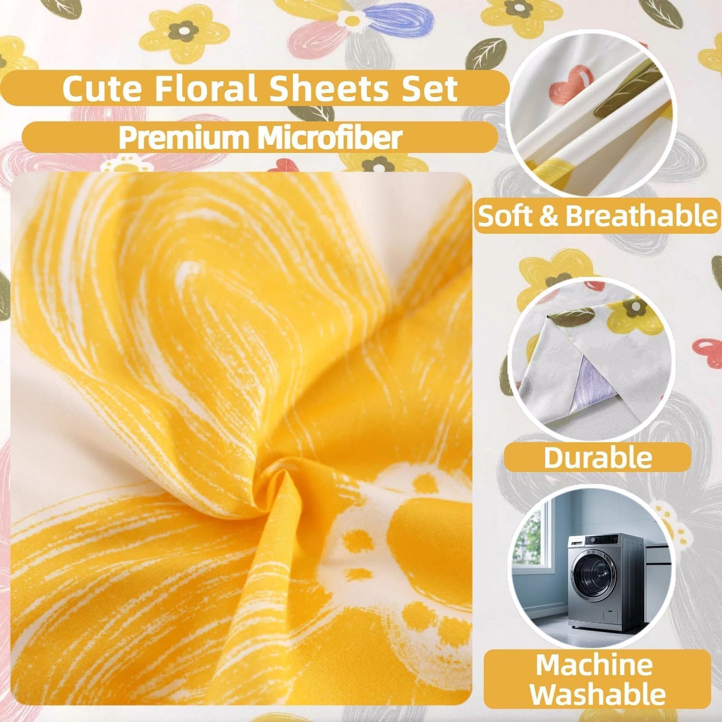 SDIII 4 Pieces Yellow Floral Twin Bed Sheet Set, Soft Microfiber Twin Sheets Flower Printed Deep Pocket, Floral Cozy Bedroom Decor All Season