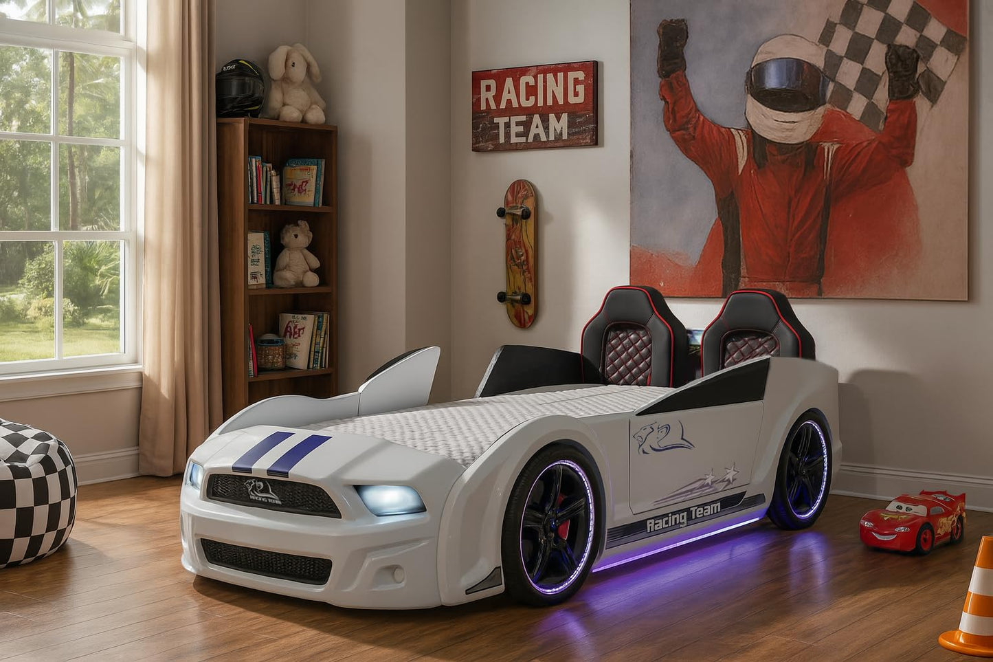 Luxury Race Car Bed for Kids – LED Lights, Sports Car Design, Sound Effects, Twin, Ergonomic & Comfortable Sleeping Experience (White)