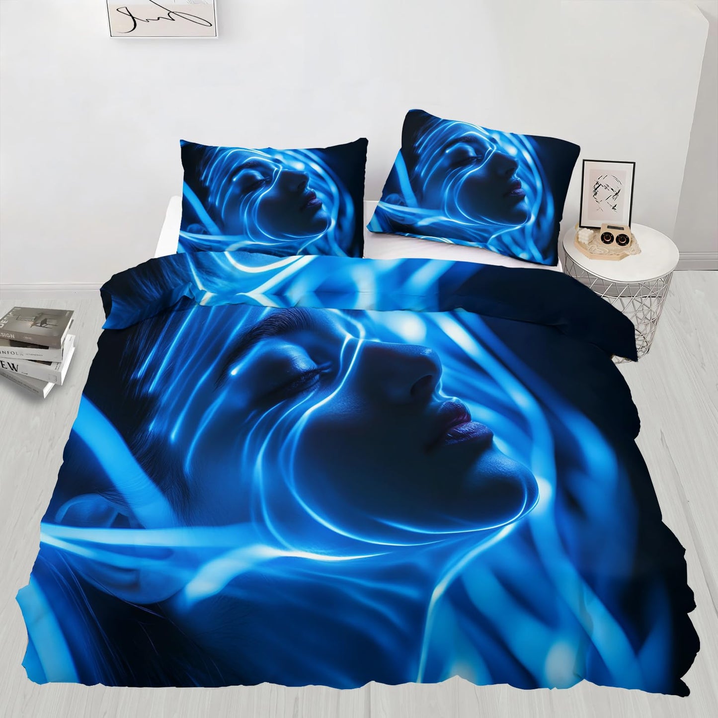 PAISUOQ Sci-Fi Duvet Cover Full, Blue Woman Bedding, Futuristic Comforter Cover with 2 Pillow Cases, 3 Pieces with Zipper & Ties, Bedroom Decor & Gifts