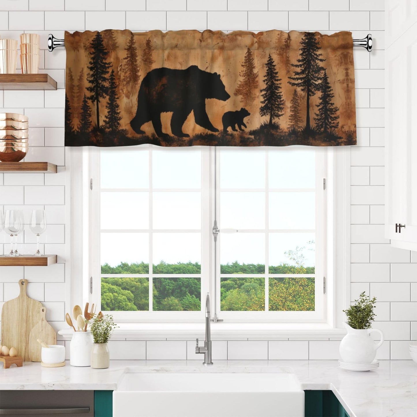 Worltoldb Forest Bear Curtain Valance Short Rod Pocket Window Treatment for Living Room Bedroom Kitchen Bathroom 1 Panel 54" W x 18" L