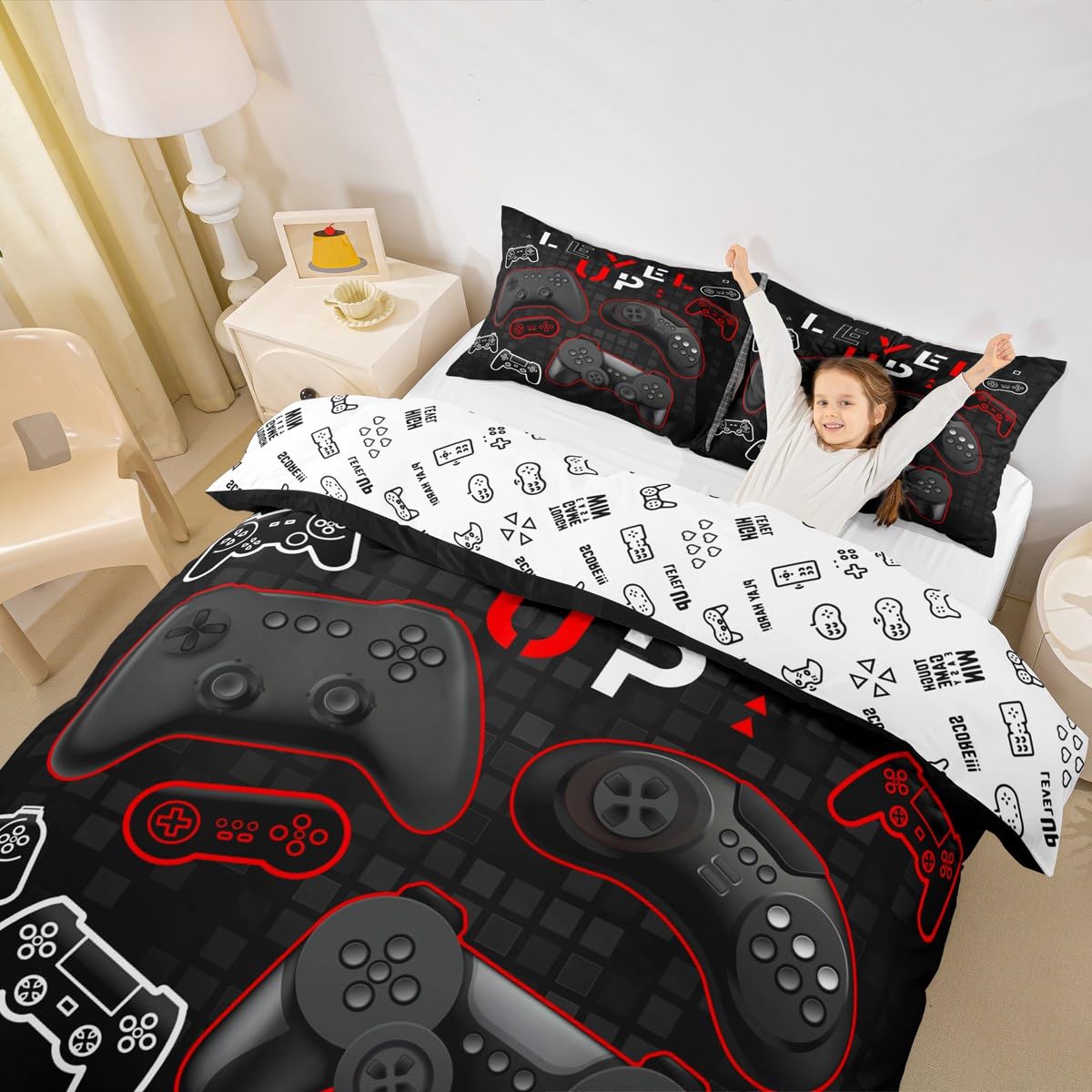 Homewish Gaming Duvet Cover Set King Size,Video Games Comforter Cover 3Pcs,Black White Gamepad Reversible Print Bedding Set for Kids Girls Boys Teens Room Decor,Modern Chic Quilt Cover,2 Pillowcases