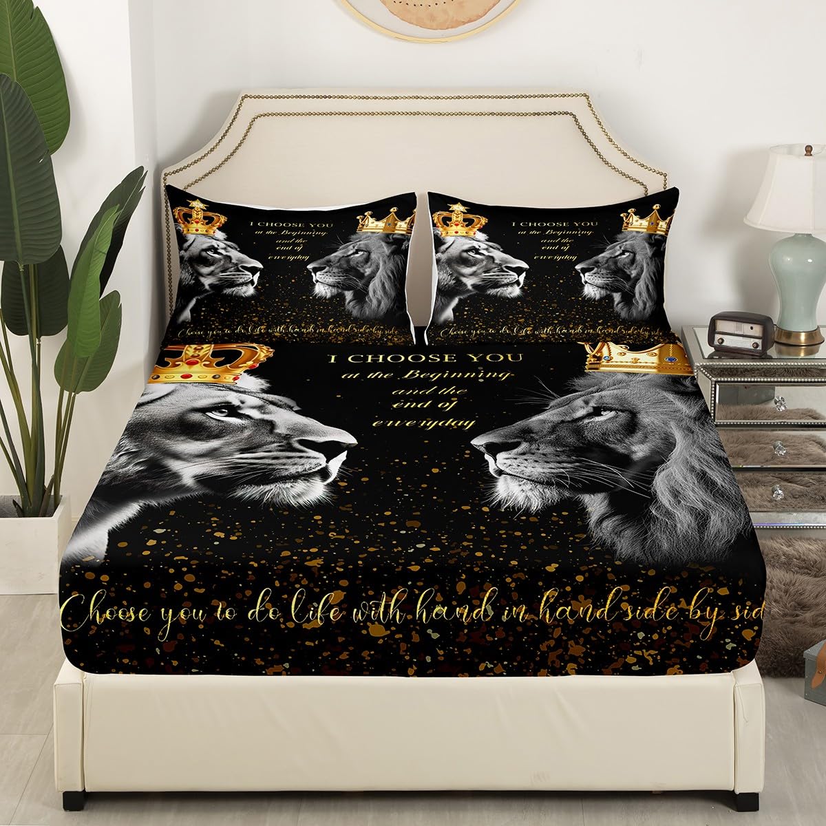 3D Lion Couple Fitted Sheet Queen Size,Golden Glitter King and Queen Crown Bedding Set for Kids Girls Women Men Room Decor,African Wild Animals Bed Sheet Valentine's Day Deep Pocket Sheet,Black