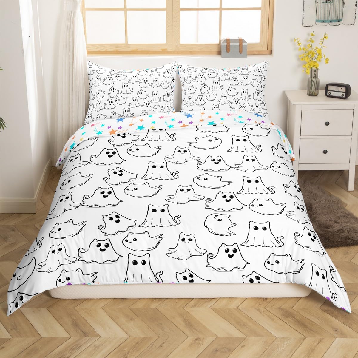 Feelyou Cartoon Ghost Bedding Set Queen Size Kids Kawaii Cute Ghost Comforter Cover Set for Boys Girls Teens Geometric Stripe Duvet Cover Halloween Theme Bedspread Cover（No Comforter