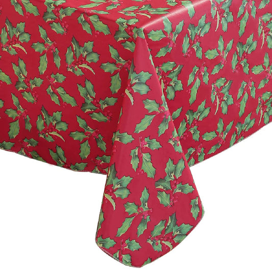 Christmas Tablecloth Rectangle Vinyl Flannel Backing, Floral Holly & Berry Print Waterproof Plastic Heavy Table Cloth for Dining, Buffet Party & Outdoor Decorations, 52 x 70 Inch Red