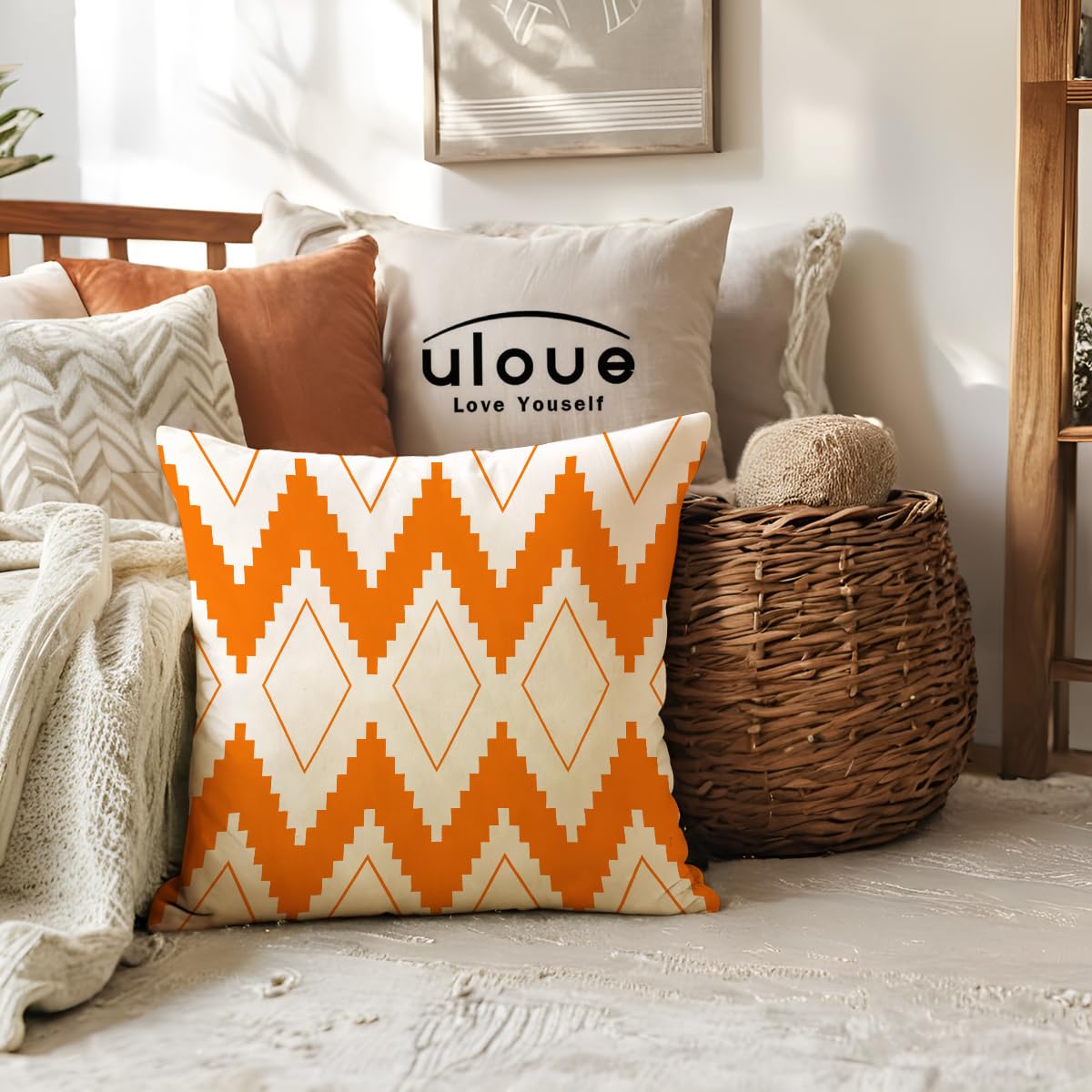 ULOVE LOVE YOURSELF Square Decorative Throw Pillows Cushion Covers Modern Geometry Print Home Pillowcases 18 X 18 Inch,4 Pack (Orange)