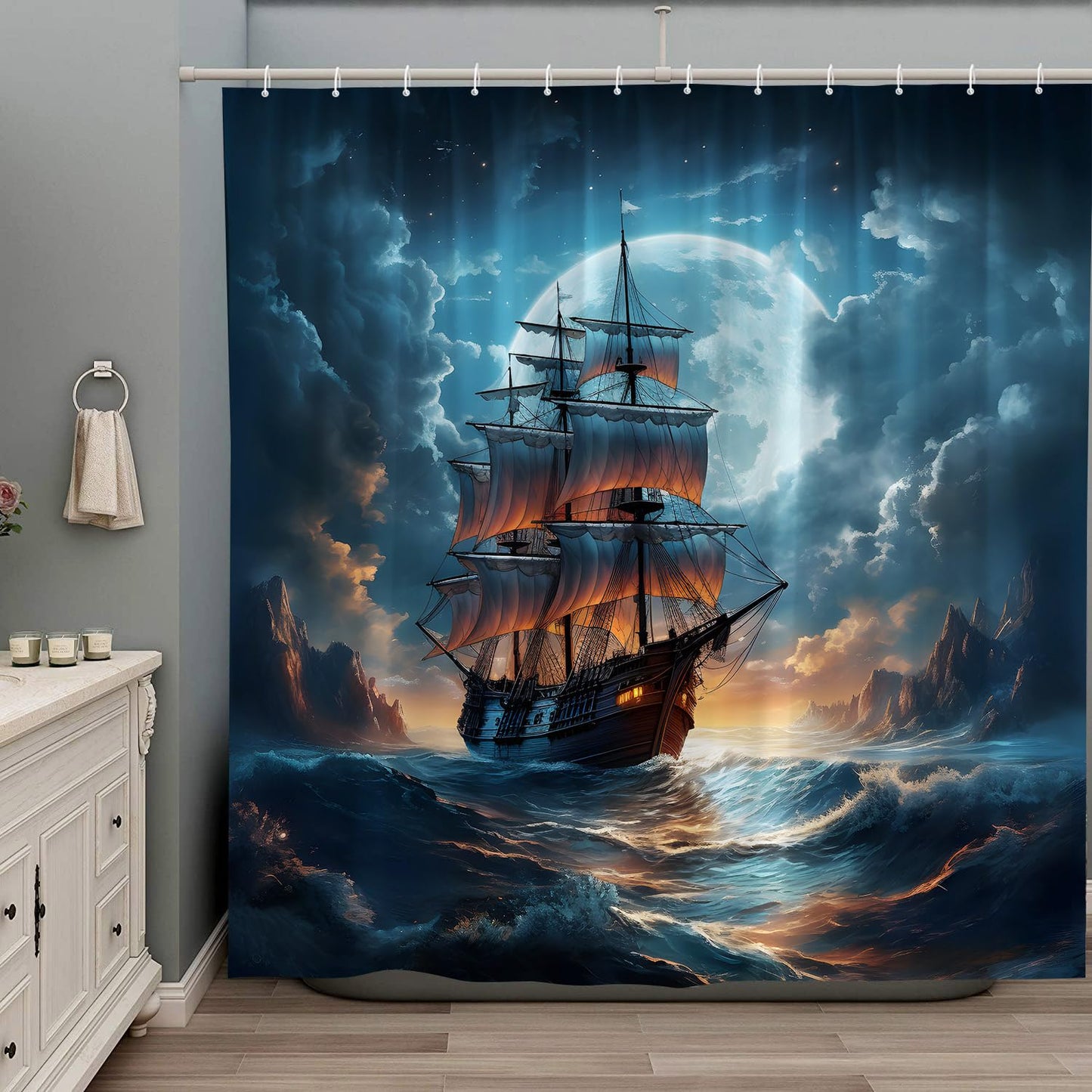 ZZYSKS Pirate Ship Shower Curtain Nautical Sailboat Sailing Ocean Adventure Full Moon Cloudy Night Sky Polyester Fabric Bathroom Decor Curtains Set with Hooks 70Wx70H Inch