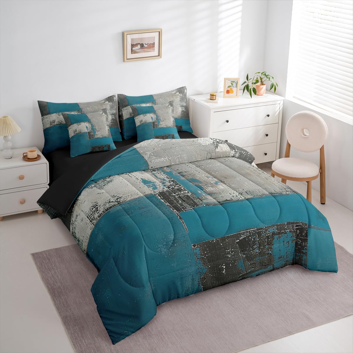 Feelyou Abstract Comforter Set with Sheets 7 Piece King Size Modern Abstract Art Bed in a Bag Kids Boys Girls Luxury Bedding Set Geometric Bedroom Decor Gray Blue Soft Lightweight Microfiber