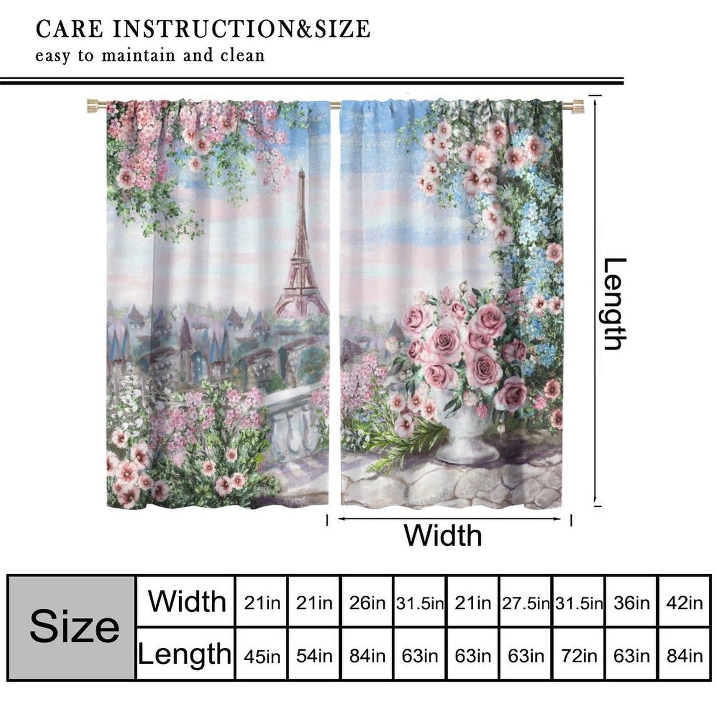 Flower Eiffel Tower Curtains Cherry Blossoms Pink Rose Romantic Paris Cityscape Fashion Building Rod Pocket Window Treatments for Girl Women Aldult Bedroom Living Restaurant Drapes 41" W X 45" L
