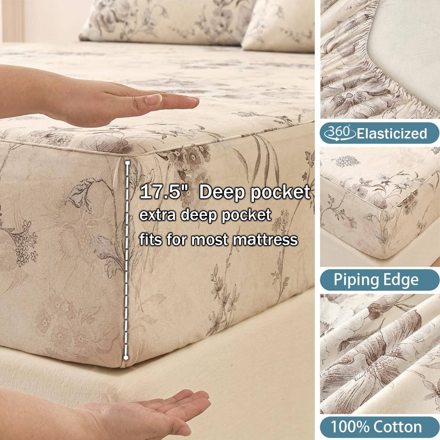 Huborise Beige King Size Sheet Set 100% Cotton Flannel-Like Warm Luxury Peony Toile Floral Bed Sheets 4Pc Deep Pocket 17.5", Double Brushed Extra Soft Breathable, Fall/Winter French Country Bedding