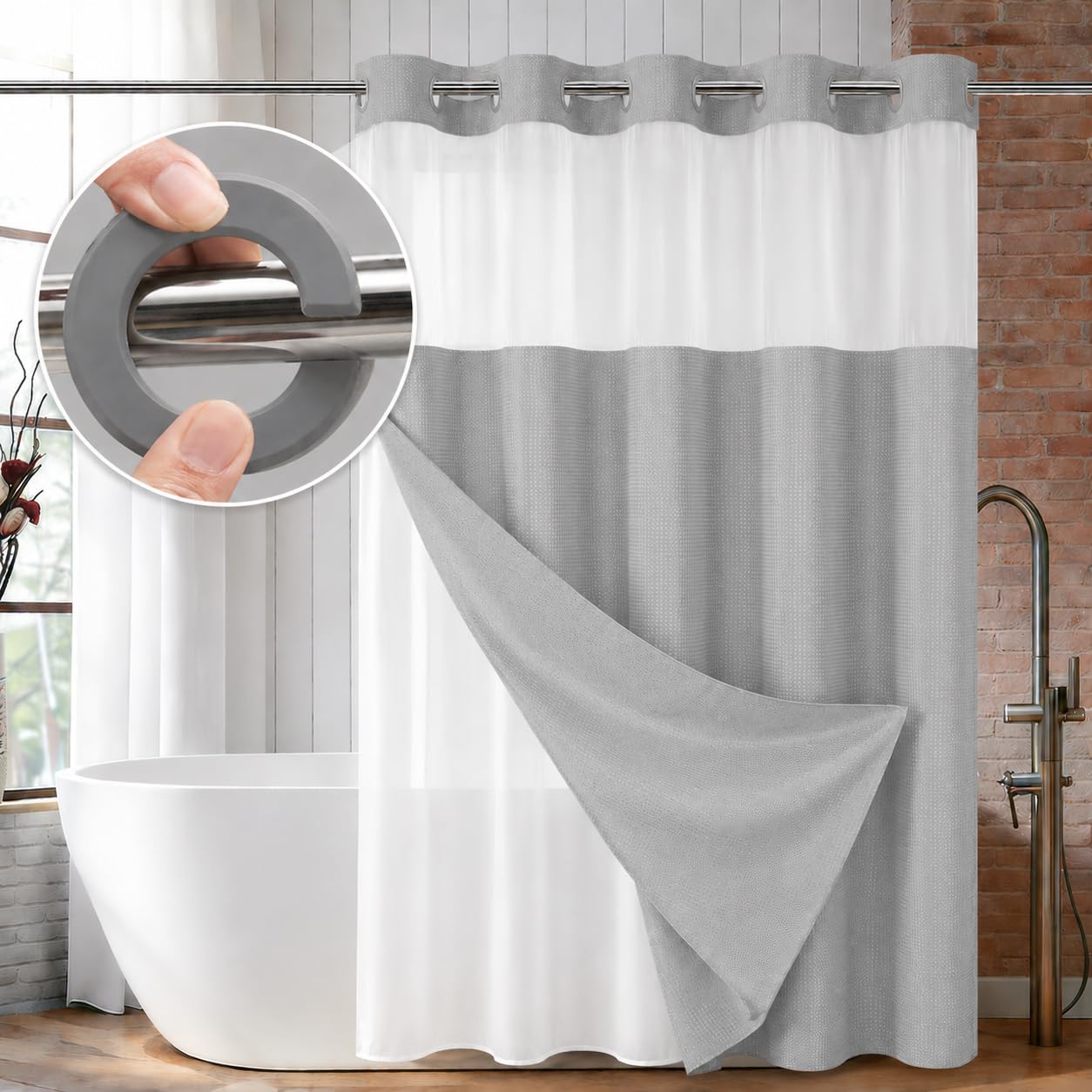 Yiwshcut No Hook Shower Curtain with Grey Sheer Top Window and Inner Liner, Raised Dots Waffle Weave Fabric Shower Curtain, Waterproof Washable Polyester Bath Curtain, Hotel Style, Grey, 72 x 74 Inch
