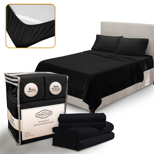 Abeero Home Full Size Bed Sheets Cooling - Luxury Hotel Sheet Set - Soft Sheets with Elastic Corner Straps - Deep Pocket Microfiber Bedsheets - Bedding Sheet & Pillowcases - 4 PC (Full Size, Black)