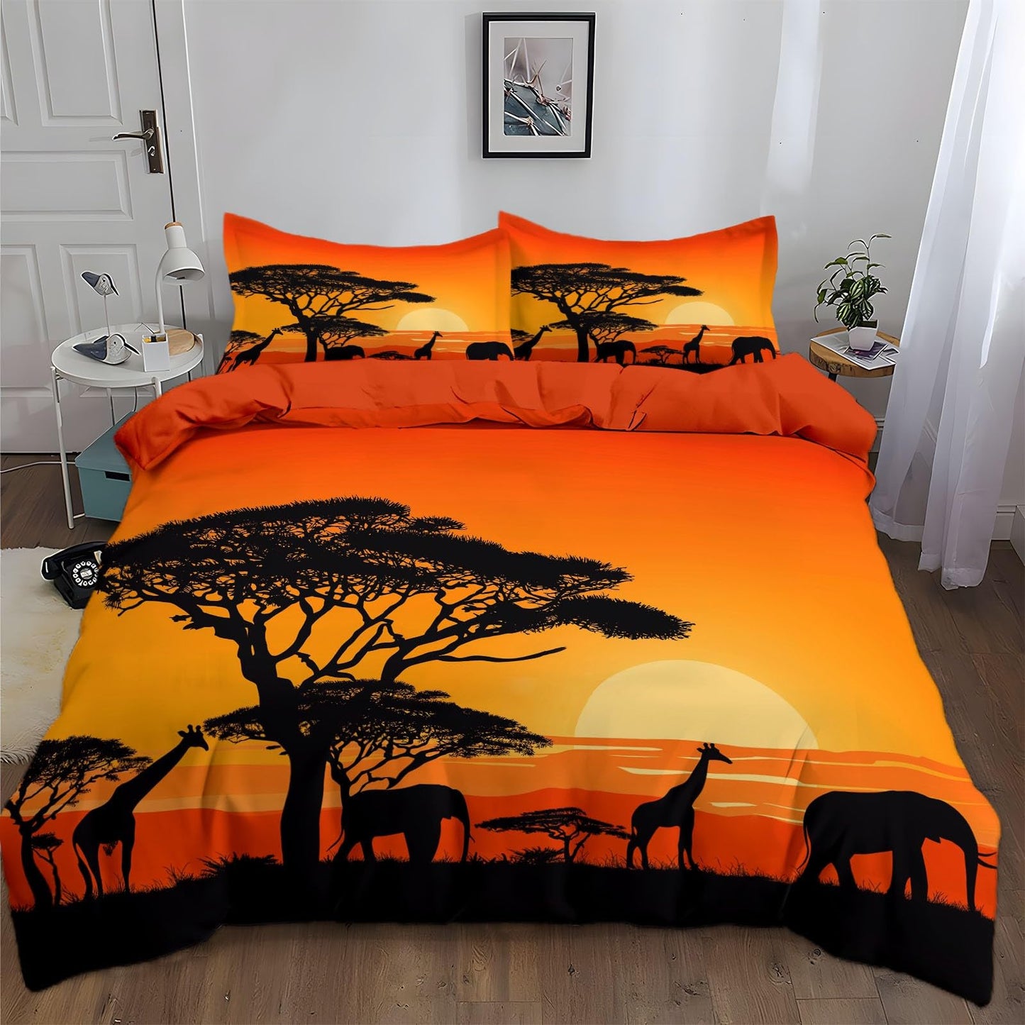 Retro Animals Grassland Sunset Duvet Cover Set Queen (90 x 90 in) Ultra Soft Orange Color Print Bedding Set with 2 Pillowcase, Breathable Comforter Cover for Teens Adults Kids