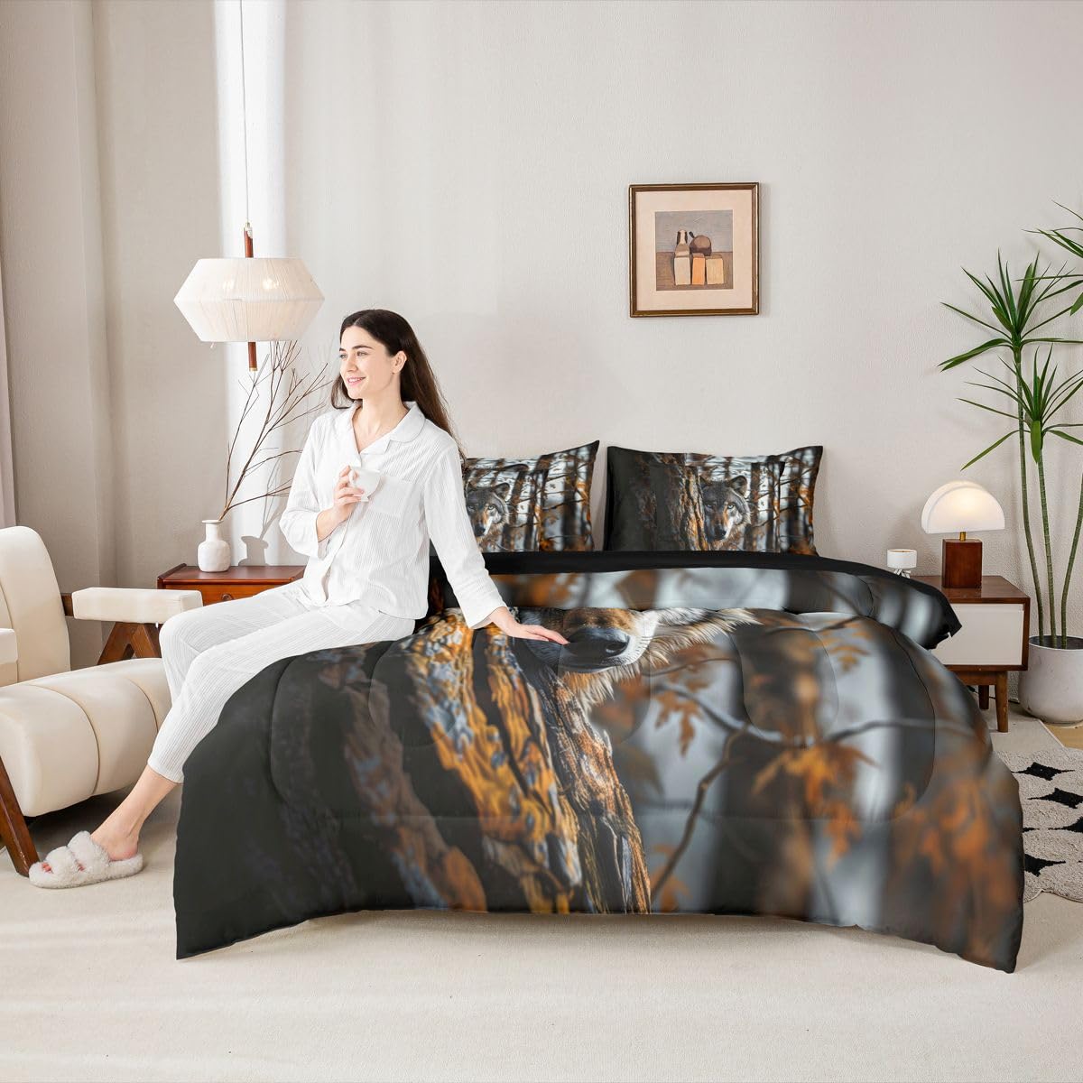 Feelyou Wolf Comforter Set with Sheets 7 Piece Queen Size Wolves Howling Bed in a Bag Kids Boys Girls Western Farmhouse Bedding Set Wild Animal Bedroom Decor Breathable Soft Microfiber