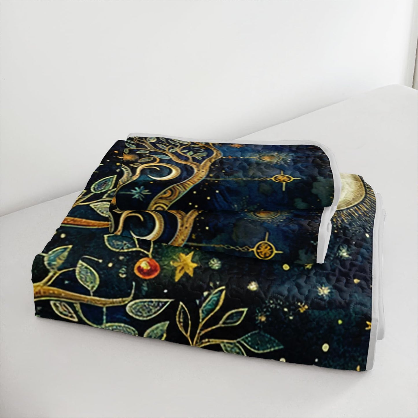 XYNHML Dreamy Tree of Life Quilts Bedding Full 3Pcs Mysterious Sun Moon Starry Celestial Quilt Bed Set Lightweight Soft Bedspreads Coverlet with 2 Pillowcases for Kid Boy Girl Teen Adult Bed Decor