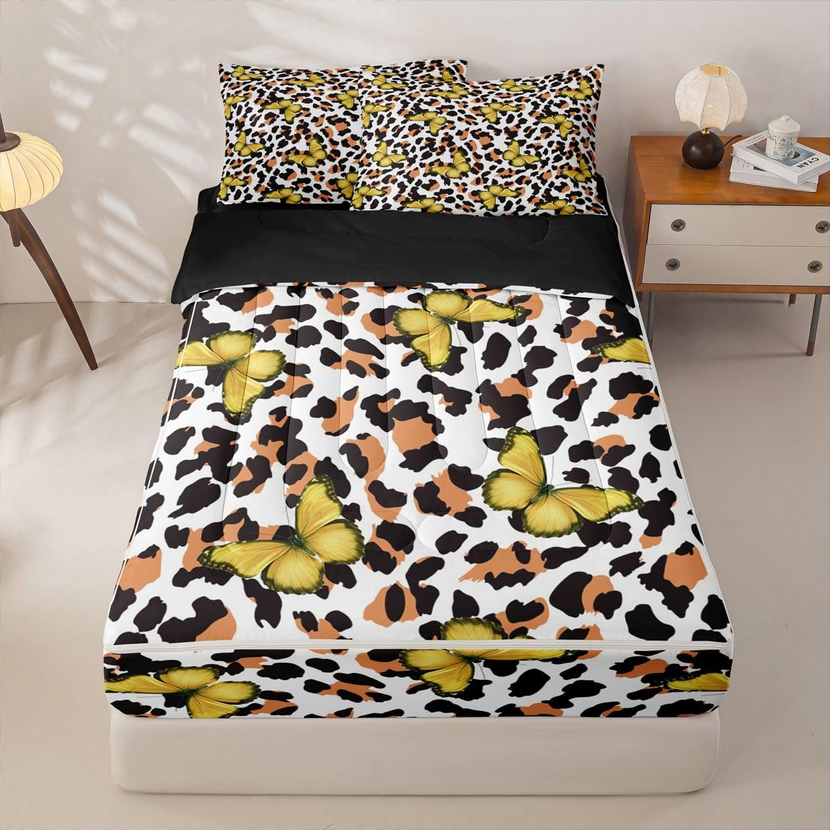 Feelyou Leopard Print Zipper Bedding Queen Yellow Butterfly Zipper Bedding Sets for Kids Boys Girls Girl Butterflies Comforter Set with Fitted Sheet and 2 Pillowcases Bedroom Decor