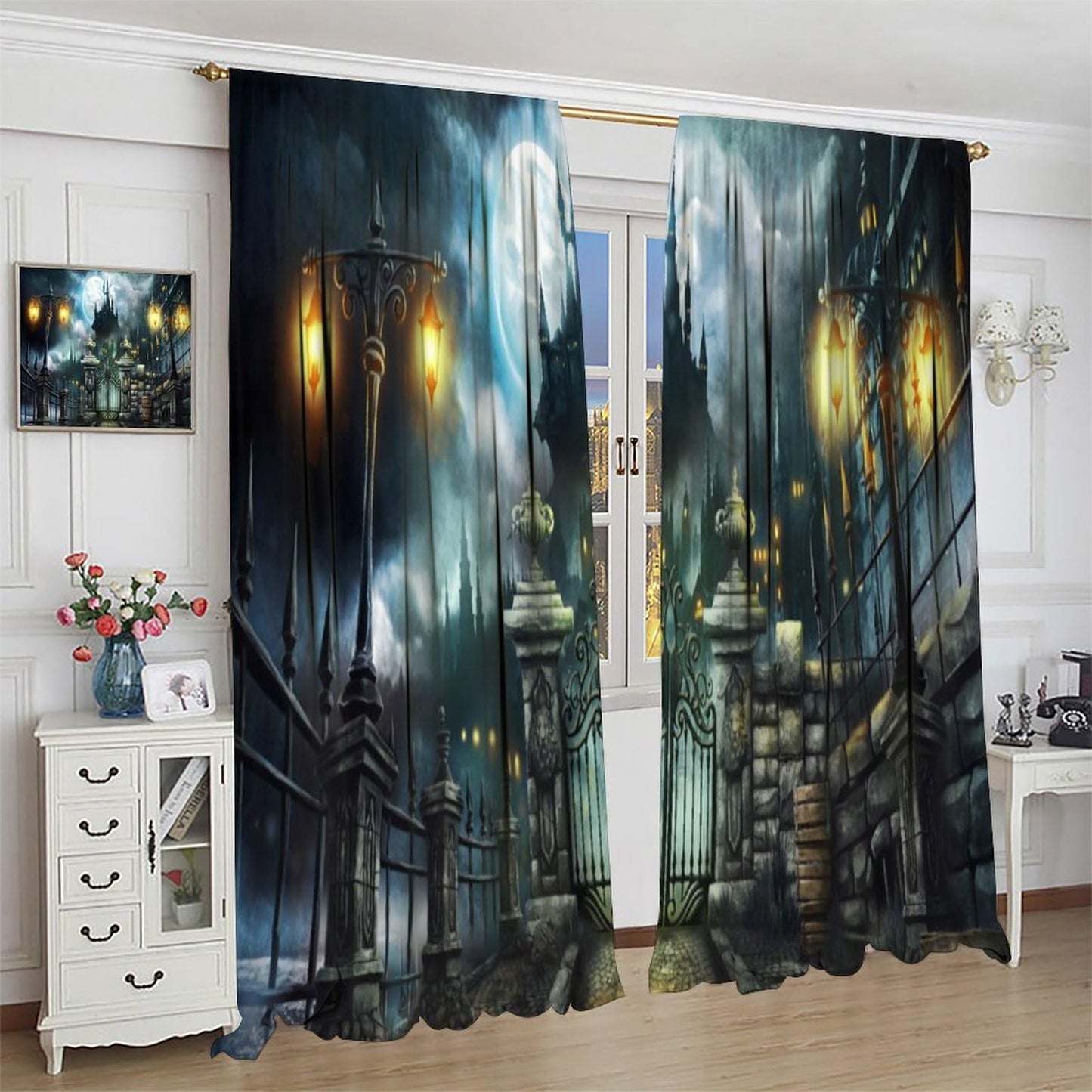 HZOHNAGO Castle Curtain Halloween Gothic Pattern Print Decor Rod Pocket Window Drapes for Bedroom Living Room 42x45in