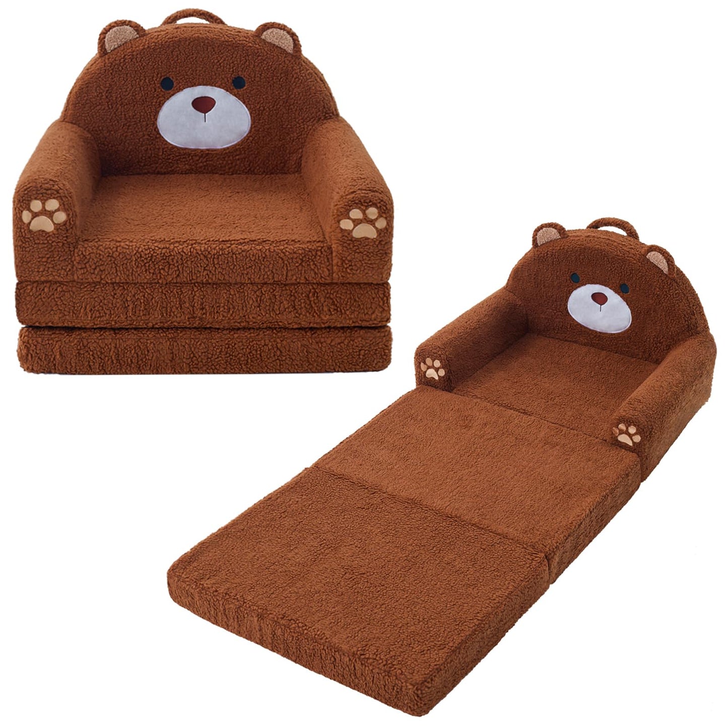 MOONBEEKI 2-in-1 Foldable Toddler Couch, Soft Sherpa Fabric with Washable Cover, Convertible Sofa to Lounger, Kids Sofa for Playroom, Bedroom, Living Room, Birthday Gift, Ages 3-6, Bear, Large