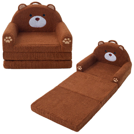 MOONBEEKI 2-in-1 Foldable Toddler Couch, Soft Sherpa Fabric with Washable Cover, Convertible Sofa to Lounger, Kids Sofa for Playroom, Bedroom, Living Room, Birthday Gift, Ages 3-6, Bear, Large
