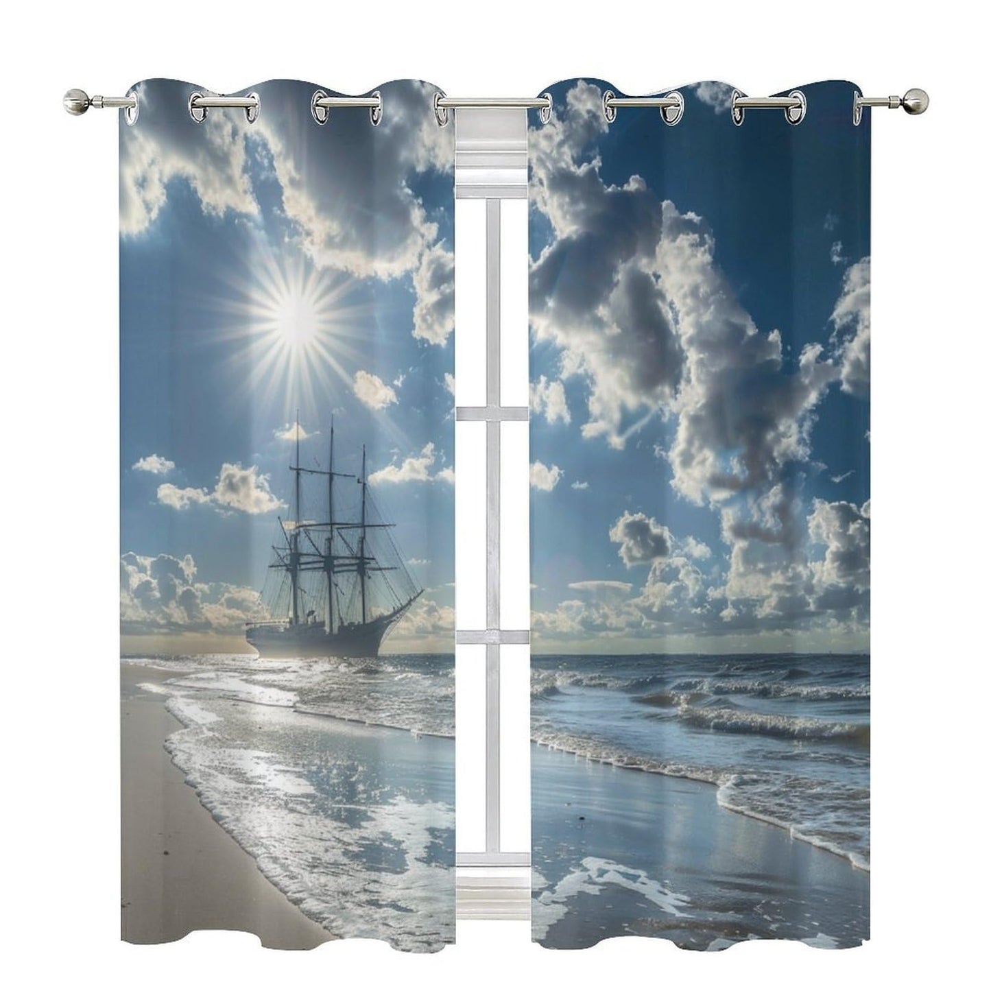 TOWINSFB Classic Ocean Sailboat Blackout Curtains for Bedroom/Living Room, Nature Sky Cloud Beach Grommet Curtains Thermal Insulated Window Drapes, 2 Panels, Each 21W x 63L