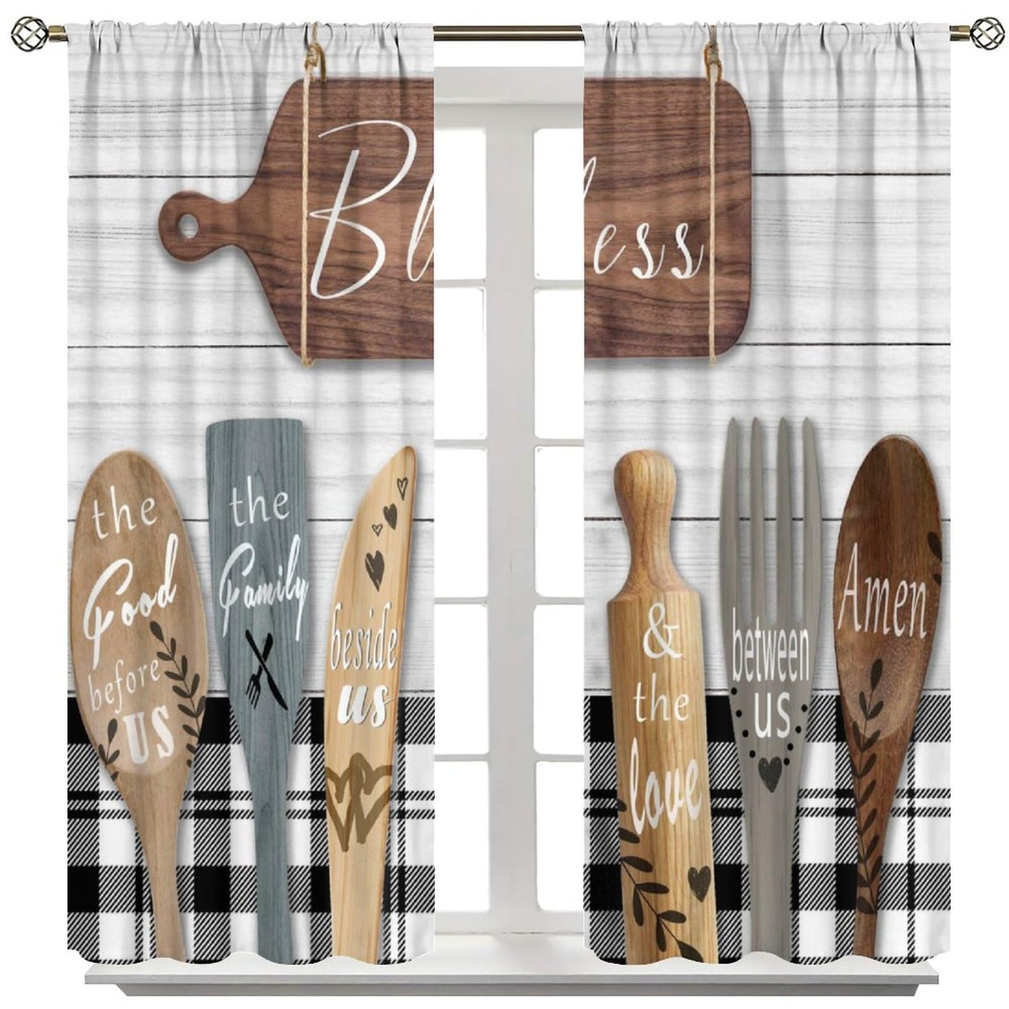 ShiTingYu Rustic Kitchen Curtains Farmhouse Vintage Country Wooden Plank Black White Window Treatments for Bedroom Living Room Kitchen Drapes 2 Panels 42x45 Inch