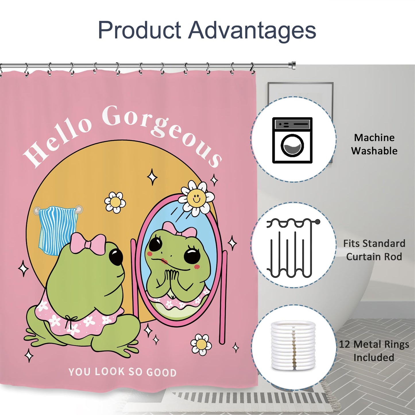 Kalmico Funny Frog Girl Self Love Shower Curtain 60Wx72L Inch Cute Hello Gorgeous Animal Hilarious Lovely Kids Pink Y2K Bathroom Set Accessories Decor with 12 Pack Hooks