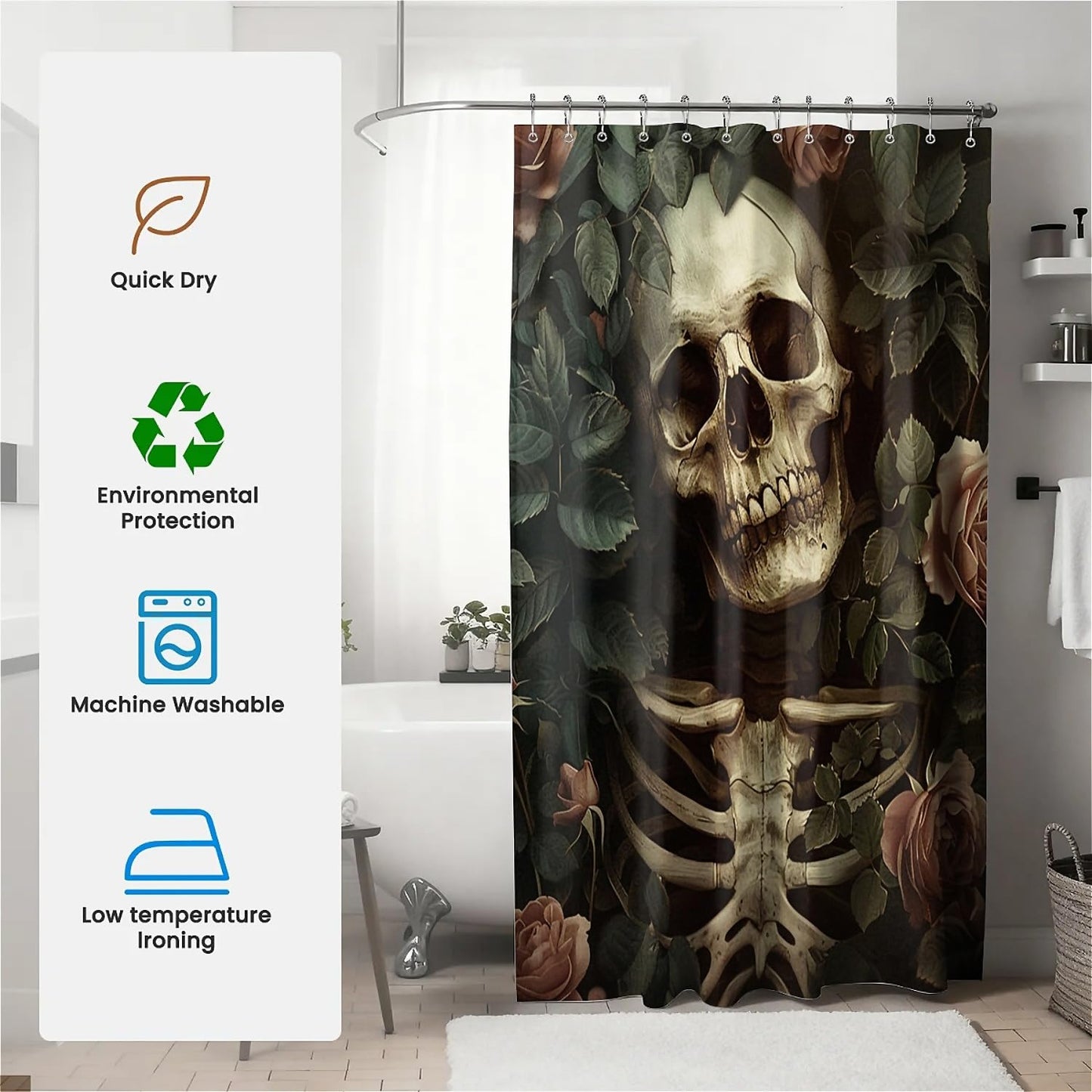TANGXUNFA Dark-Fantasy-Skeleton Shower Curtain for Bathroom, Water-Resistant Long Shower Curtain Set 72x72 Inch with Metal Grommets and 12 Metal Hooks