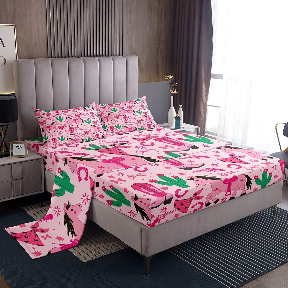 Feelyou Pink Howday Sheet Set for Kids Boys Girls Weatern Decor Sheets with Deep Pocket Fitted Sheet Queen Size Cute Horses Bed Sheets Set Bedroom Decor Riding Boots Bedding Set Pink Bow Bed Set 4Pcs
