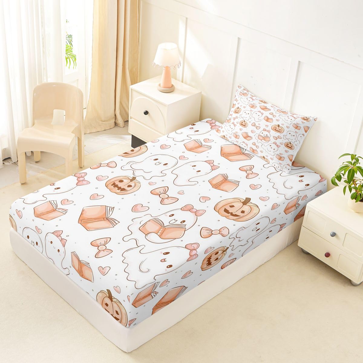 Feelyou Ghost Fitted Sheet Twin Size for Kids Boys Girls Halloween Themed Bed Sheets Set 16" Deep Pocket Soft Breathable Microfiber Trick or Treat Bedding with 1 Pillowcase Room Decor