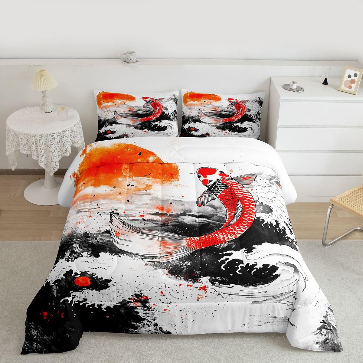 jejeloiu Wave Bedding Set Soft for Boys Girls, Japanese Style Comforter Set Queen Size Fish Duvet Quilt Microfiber Red Sun Bedroom Decor 3 Pcs with 2 Pillow Cases