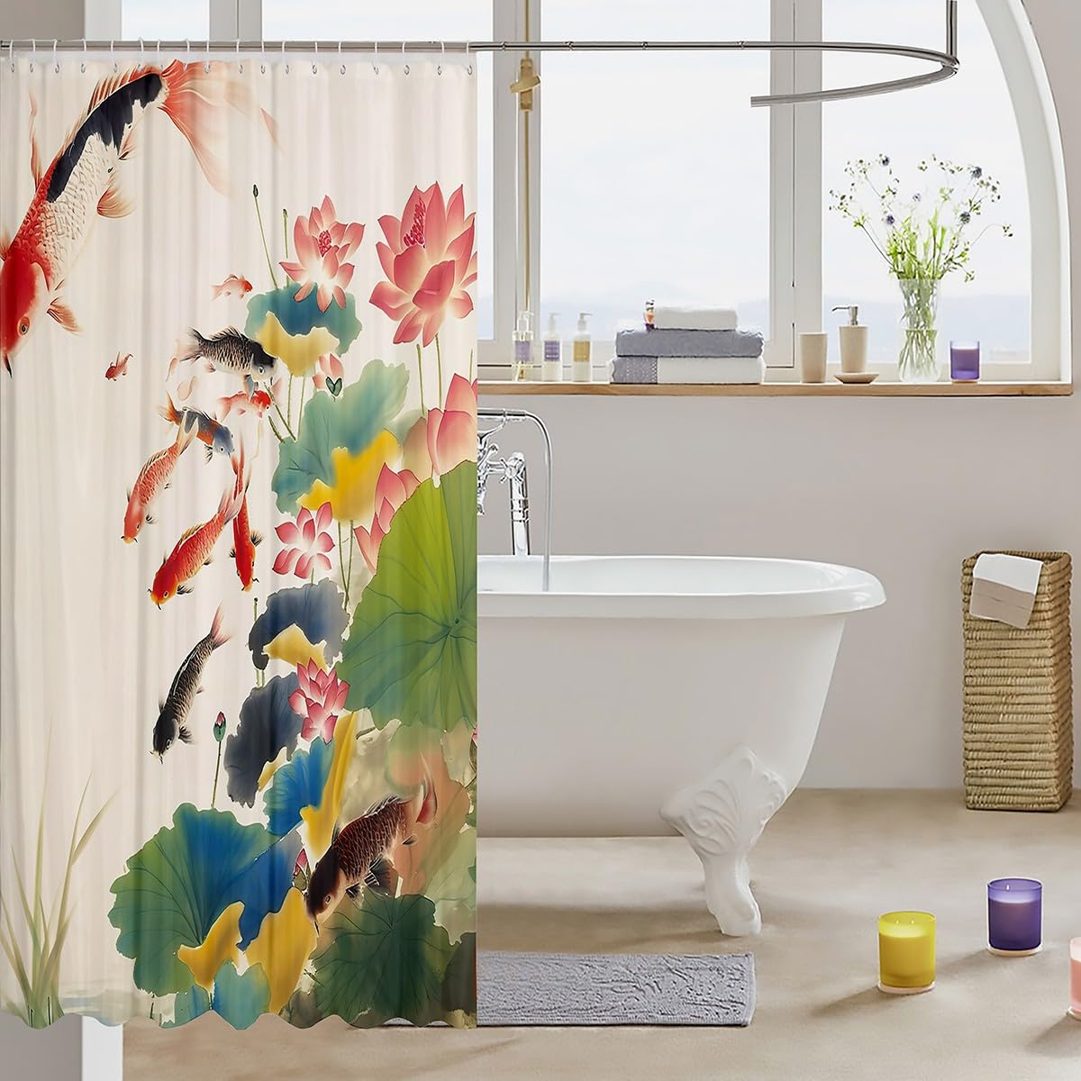 Feelyou Kids Chinese Ink Painting Shower Curtain 72"x72" Carps Koi Fishes Japanese Bath Curtain for Boys Girls Good Luck Fish Nature Bathroom Shower Curtain Set Kids Bathroom Accessories