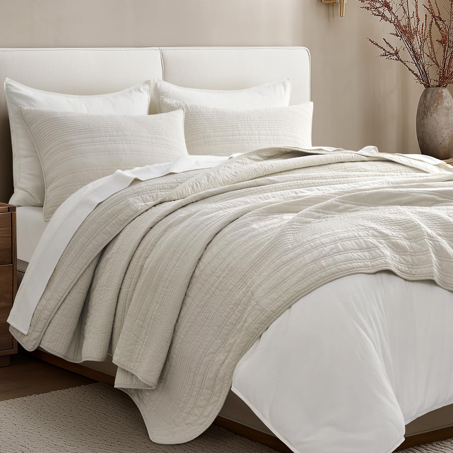 EVERGRACEHOME 100% Cotton Modern Lines Quilt Set King Size, Pre-Washed Soft Striped Coverlet Bedspread, 3 Piece Lightweight Bedding Set for All Season, with 2 Pillow Shams, Birch