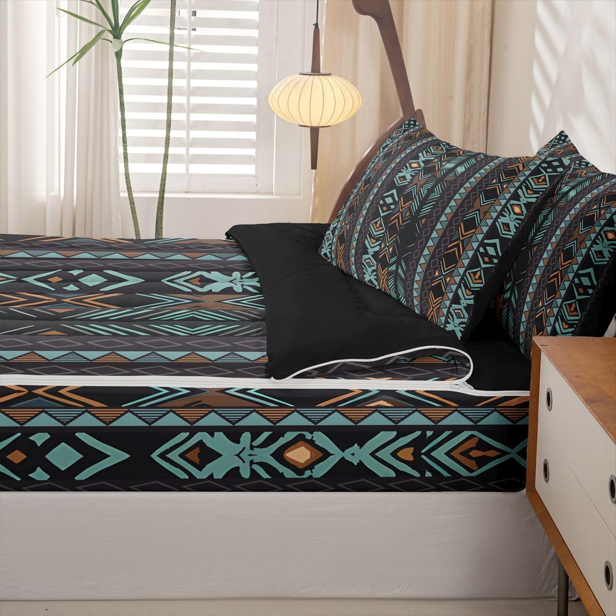 Erosebridal Western Zipper Bedding Set Queen Zip Up Bedding Navajo Style Aztec Comforter Set with Sheets for Boys Girls,Southwestern Bed in a Bag Ethnic Geometric Bed Sets with 2 Pillowcases