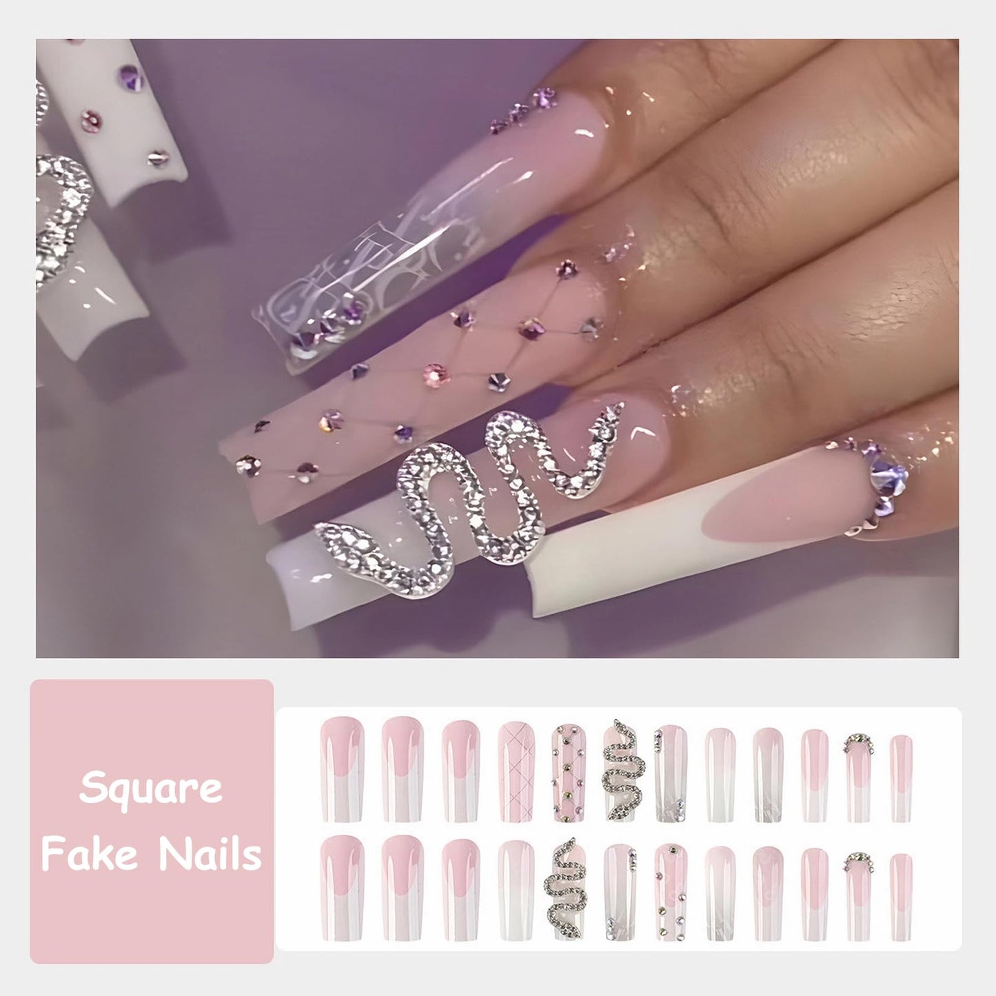 MISUD Press on Nails - Long Square Glue on Nails with French Tip, Acrylic Goth Snake Rhinestone Design 24 pcs