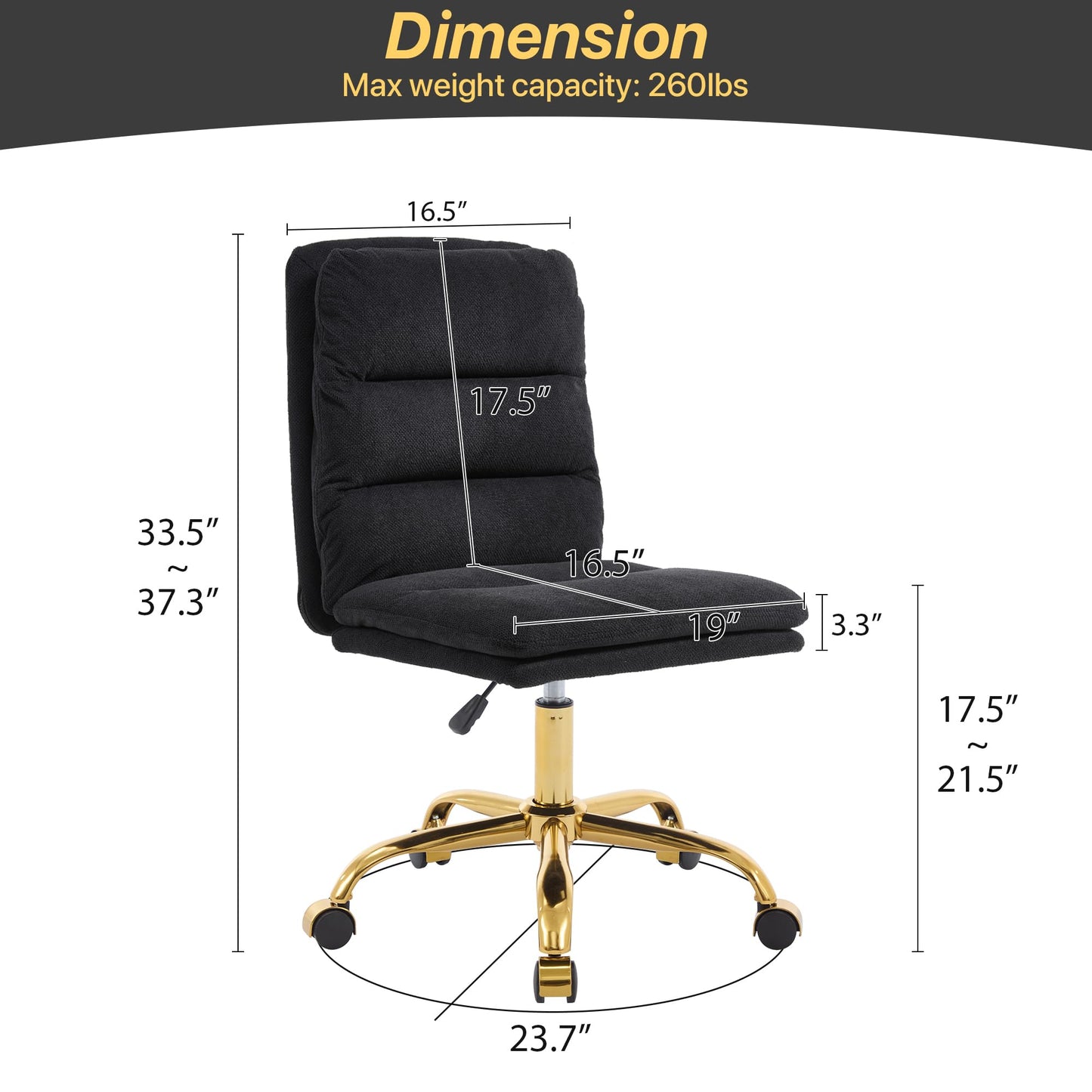 Gentlemoods Fabric Armless Home Office Chair, Modern Ergonomic Desk Chair High-Back Vanity Chair with Wheels, Height Adjustable Swivel Task Chair with Comfy Seat for Bedroom/Vanity/Desk(Black)