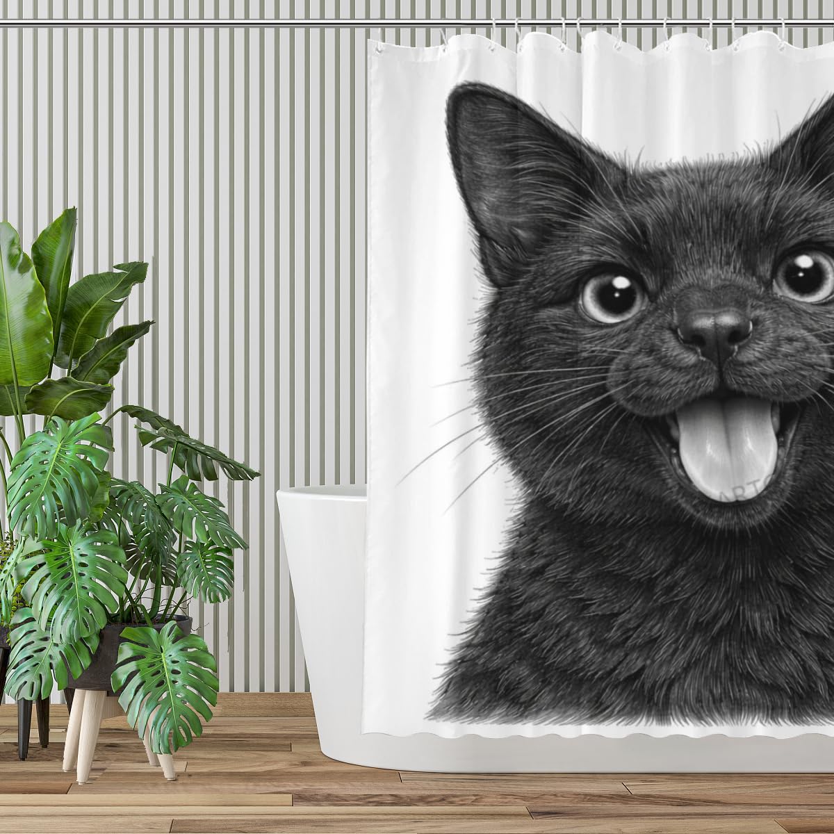 LFINKARTGOGO Sketch Black Cat Shower Curtain 72x72 Inch with 12 Hooks Black White Animal Portrait Bathroom Decor Cute Animal Waterproof Washable Polyester Bath Curtain