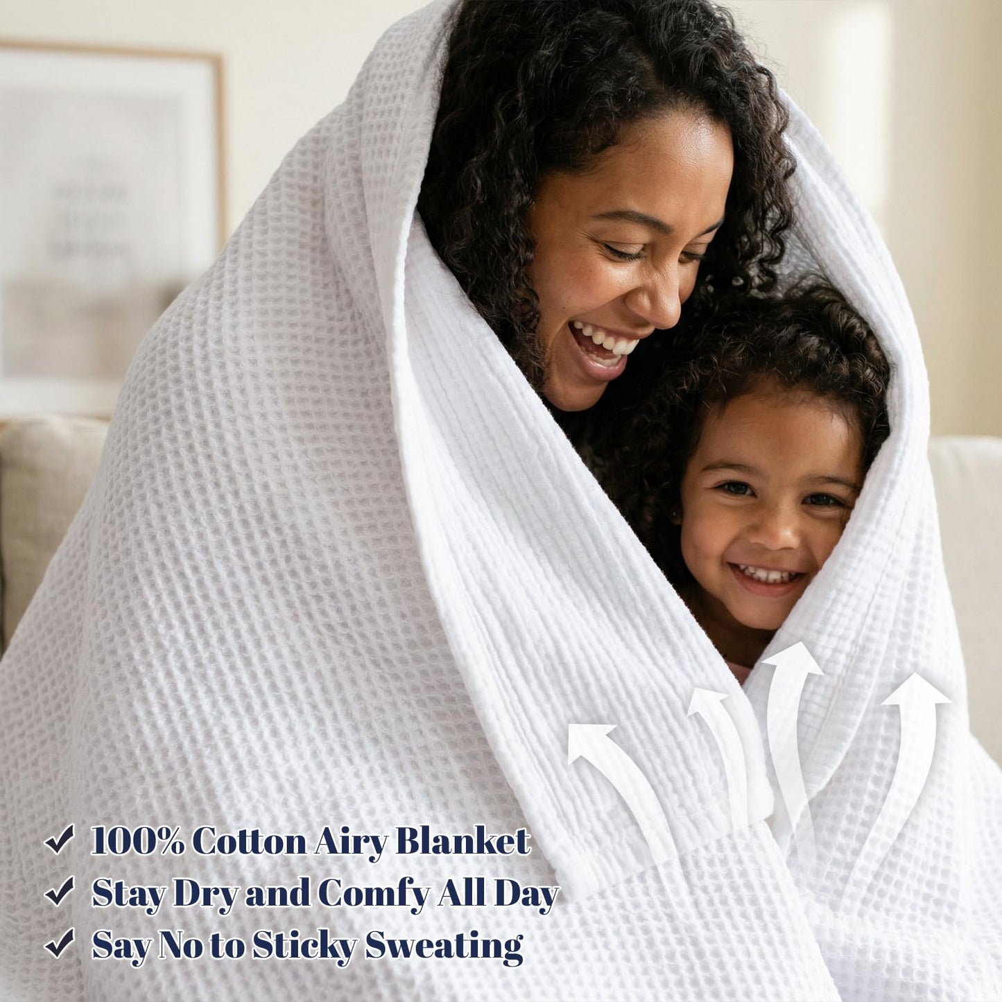 PHF 100% Cotton Waffle & Muslin Blanket Queen Size, Soft Breathable Luxury 400GSM Versatile Reversible Bedding for Bed, Great for Layering in Cold Weather, Home Decor Gift, 90" x 90", White