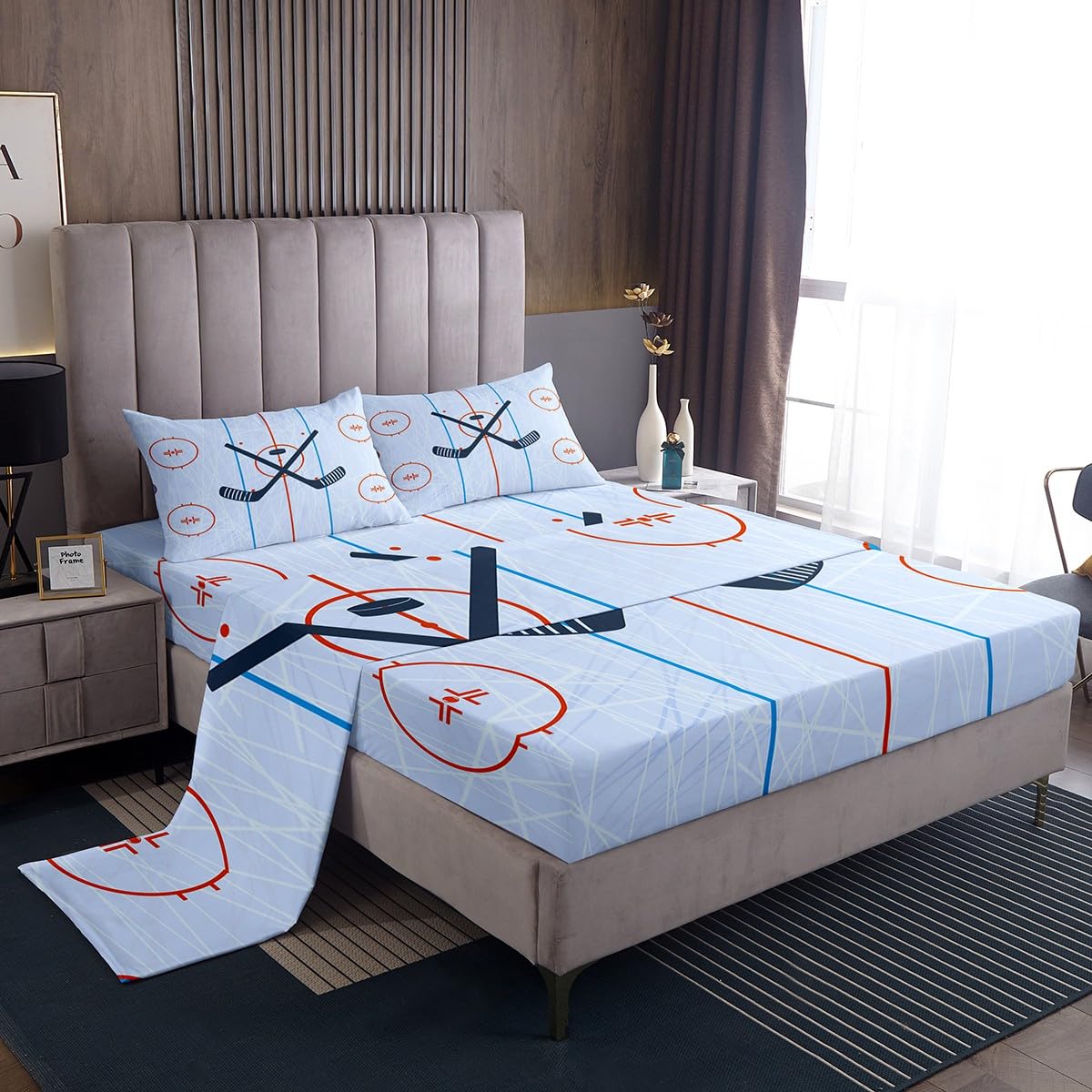 Ice Hockey Kids Sheet Full Size,Hockey Stadium Rink Bedding Set for Boys Girls Adults,Winter Event Ball Games Lovers Modern Stylish Bed Sheet Set 4pcs(Fitted Sheet + Flat Sheet + 2 Pillowcases)