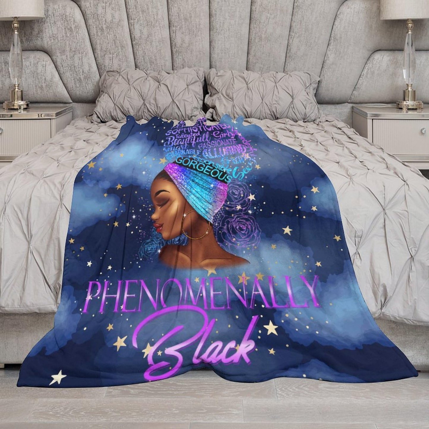 African American Woman Bedding Fleece Throw Blanket, Starry Sky Inspirational Cute Beautiful Black Grils All Season Flannel Soft Warm Microplush Lightweight Thermal for Sofa Bed Bedroom 40"x50"