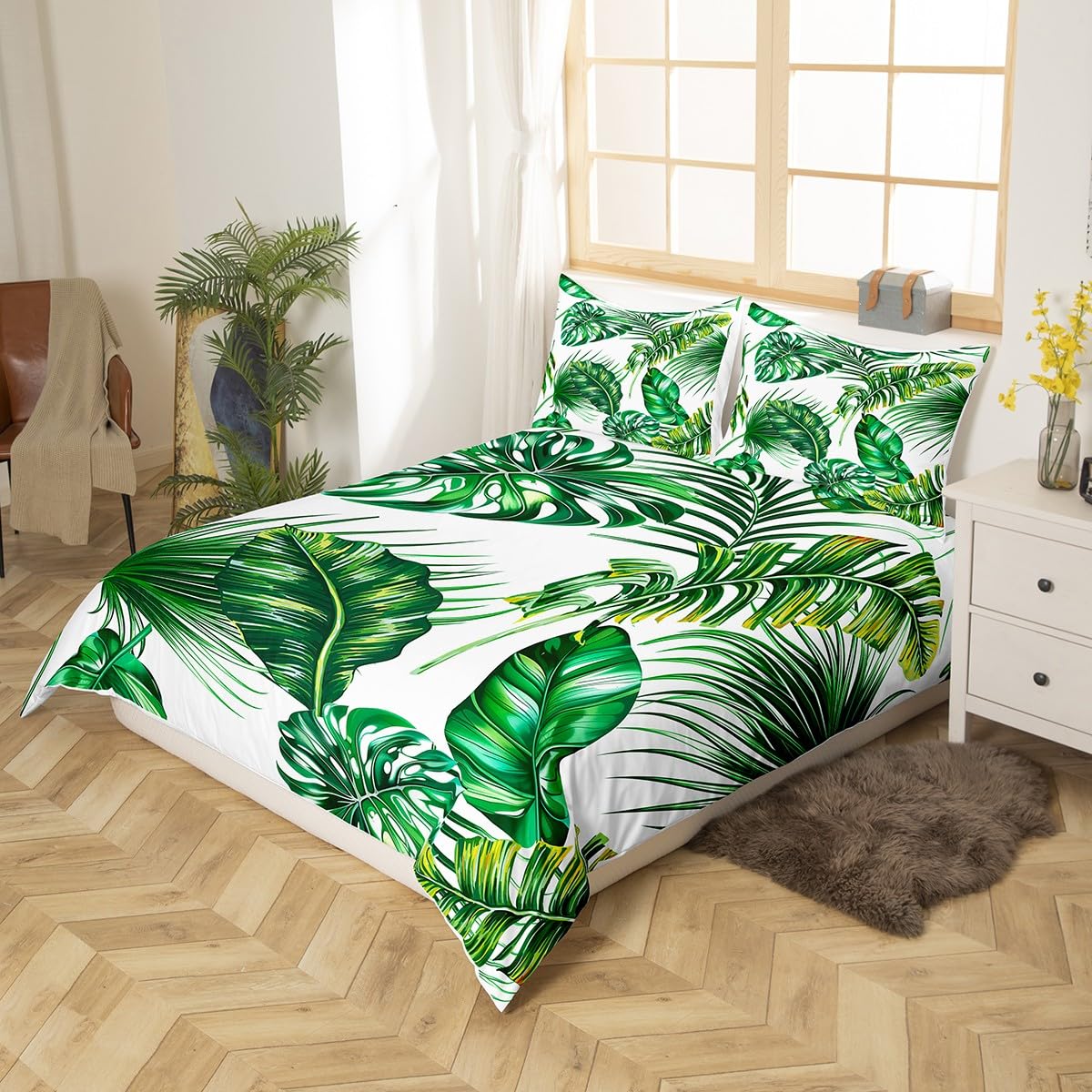 Erosebridal Palm Leaves Comforter Cover Monstera Banana Leaves Duvet Cover Hawaiian Tropical Leaf Bedding Set Green Branches Quilt Cover for Men Women, White 3 Pcs Queen Size