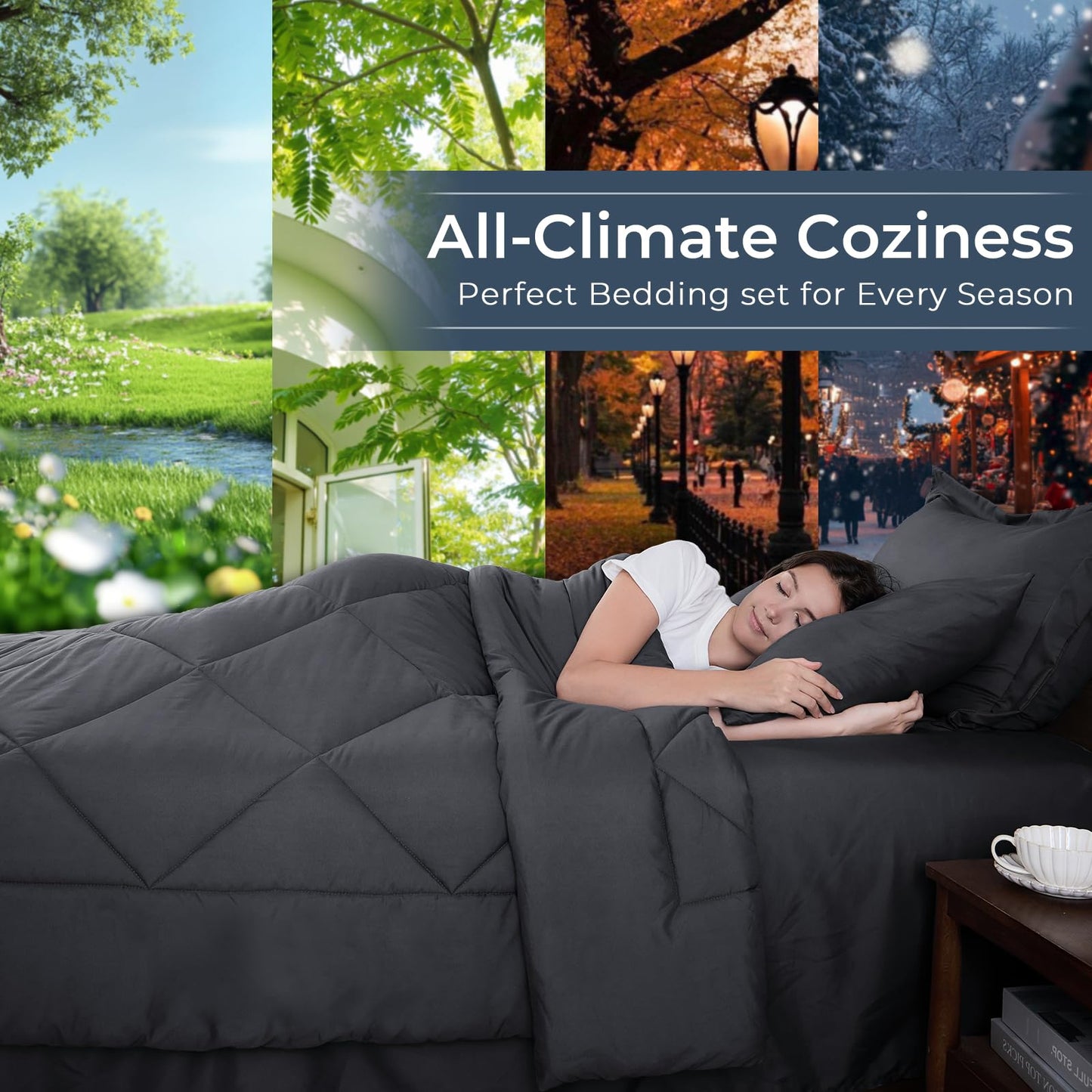 HEVUMYI 7 Pieces Queen Comforter Set, All Season Reversible Bed in a Bag, Ultra Soft Queen Bedding Set with Grey Comforter, Flat Sheet, Fitted Sheet, Pillowcases, Pillow Shams, Dark Grey