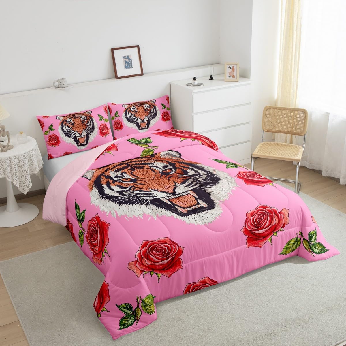 Erosebridal Tiger Comforter Set Twin Size Kawaii Wildlife Bedding Set for Kids Girls BoysSafari Jungle Animal Comforter Pink Roses Flowers Quilt Bedroom Decor